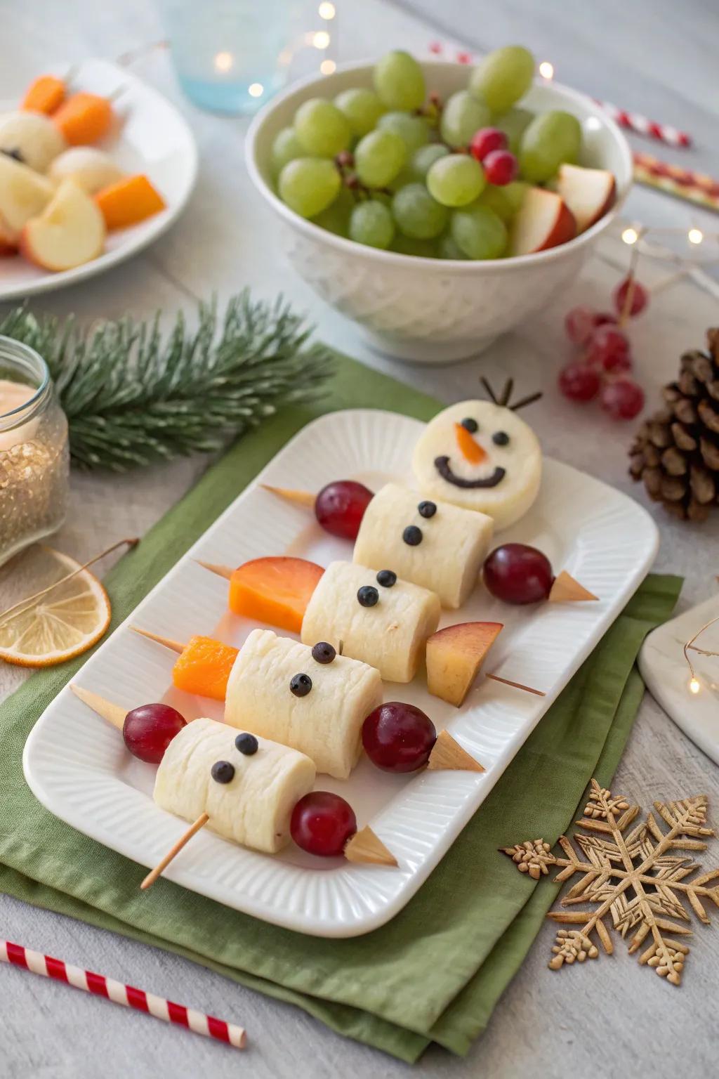 Charming snowman fruit skewers appropriate for a celebratory brunch.