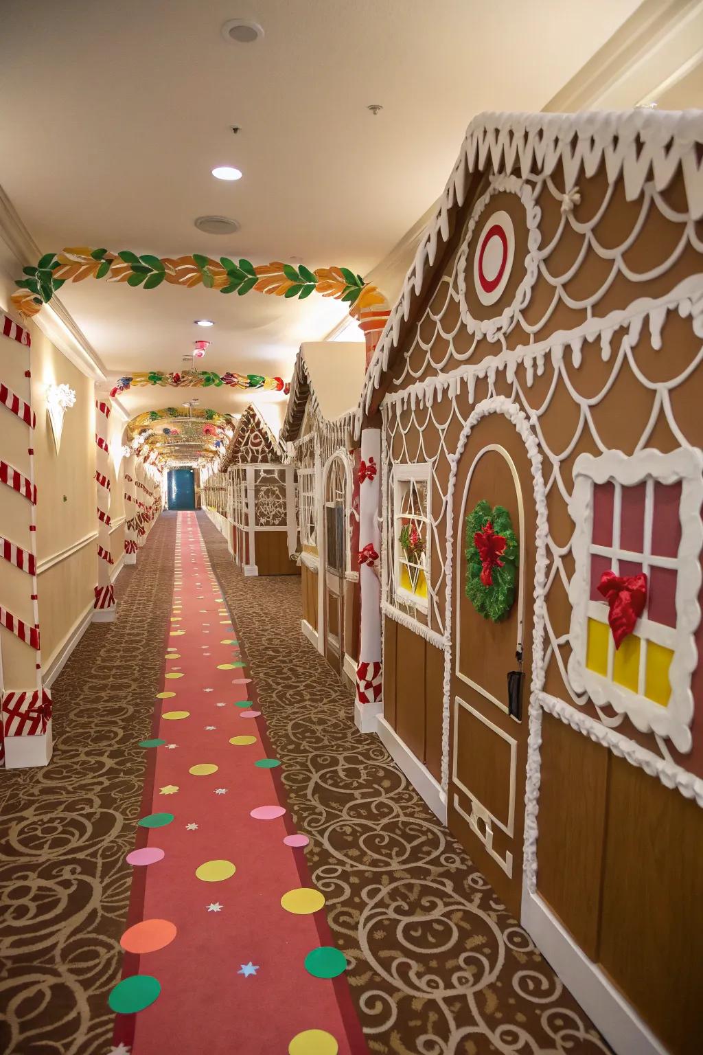 Delight in the warmth of a gingerbread house-themed hallway.