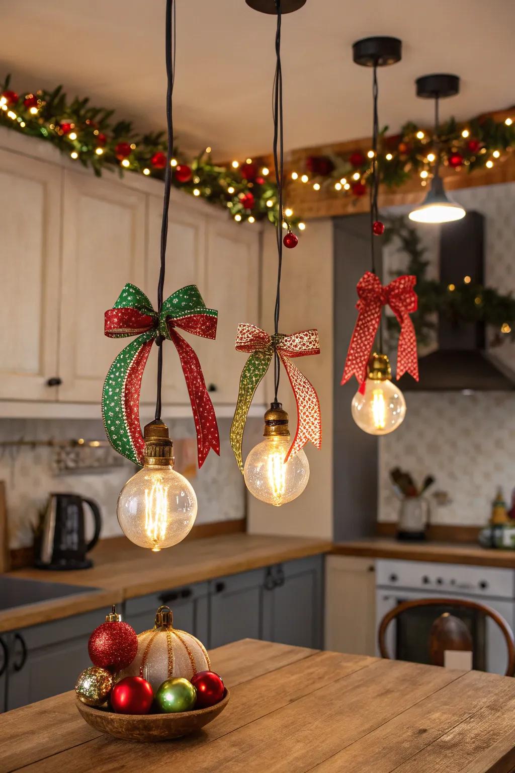 Celebratory pendant illumination injects a playful note to the kitchen.