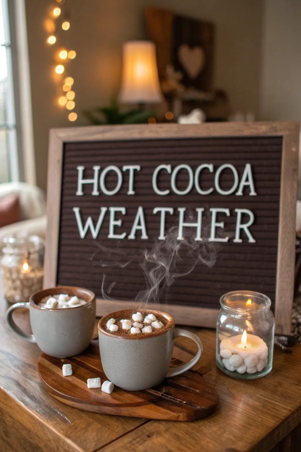 A 'Warm Beverage Time' message board ideally suited to crafting snug winter vibes.