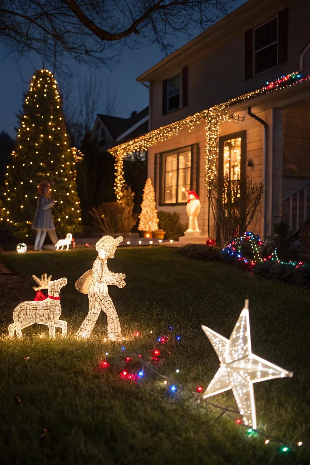 Light-up figures and celestial bodies crafting a whimsical Christmas lawn setting.