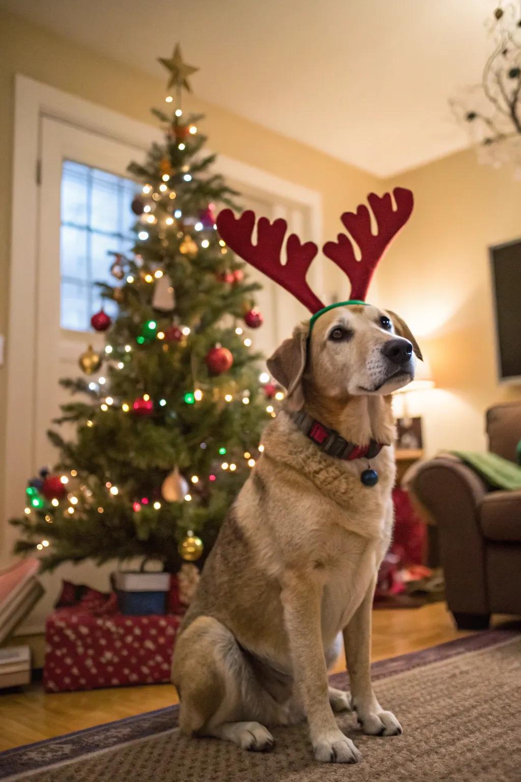 A pet embracing in the holiday merriment with reindeer antlers.