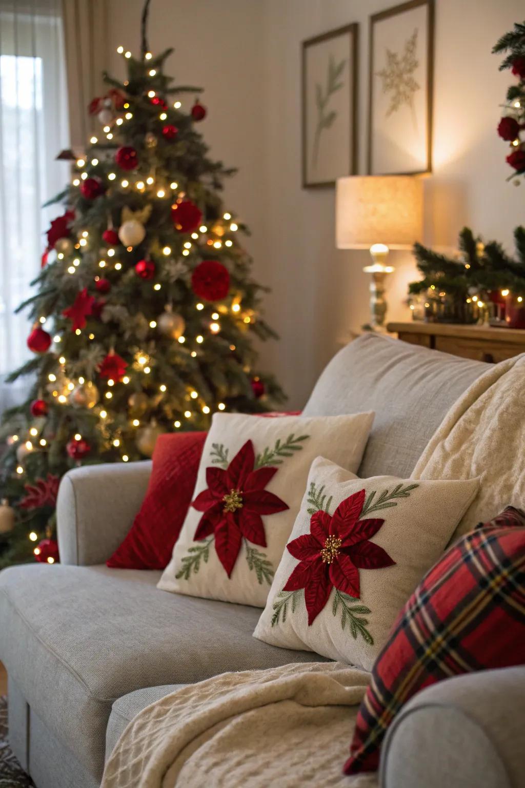 Felt poinsettias introducing a natural sophistication to the decorations.