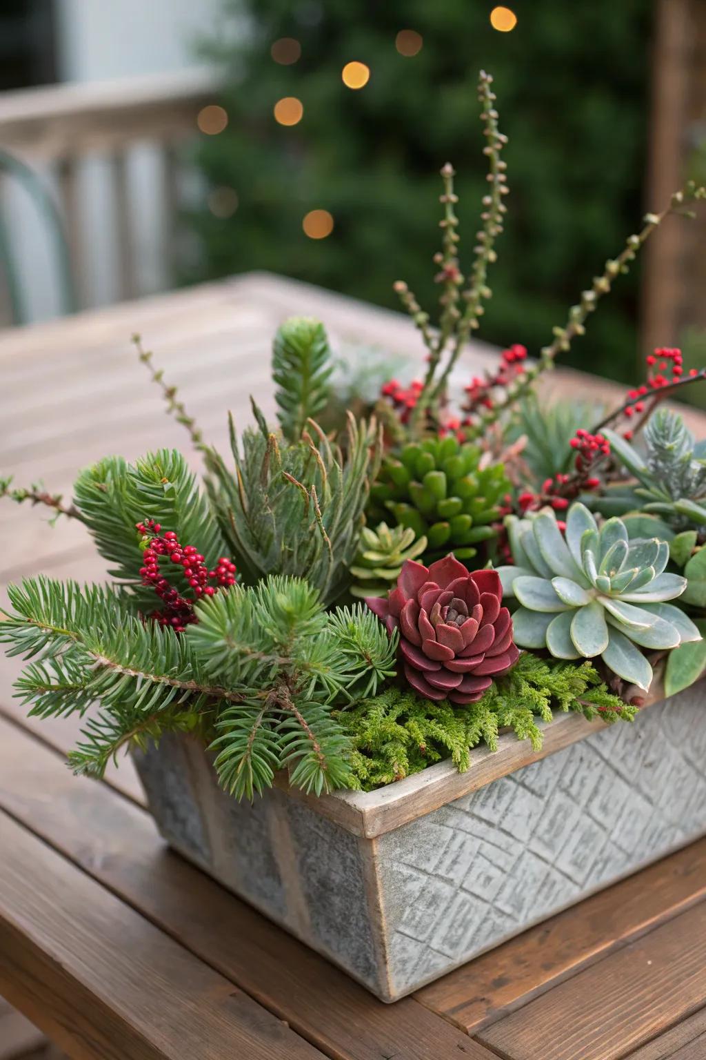 Succulents infuse an unconventional contemporary twist into festive arrangements.