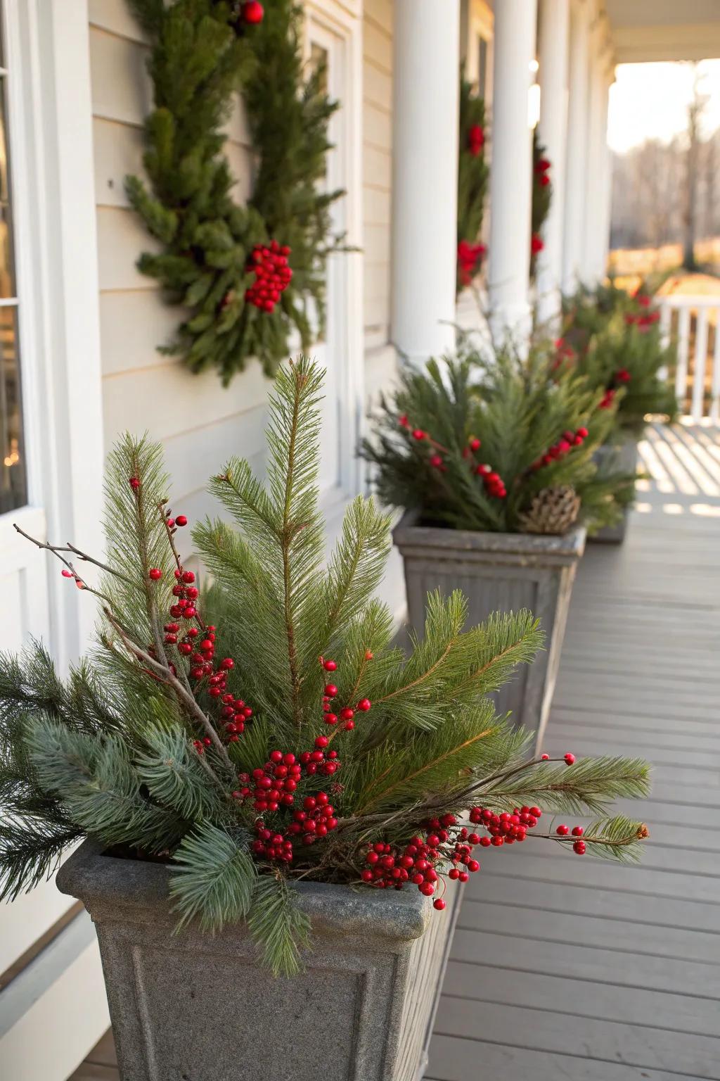 Holders with evergreen and berries deliver a quintessential holiday atmosphere.