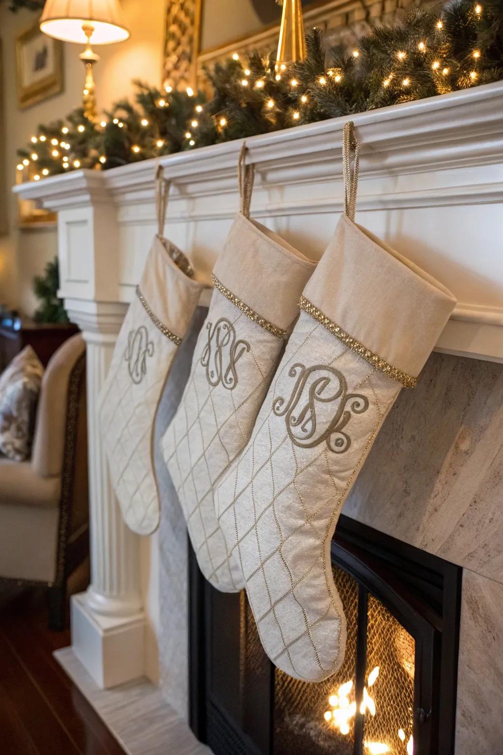 Monogrammed stockings contribute a sophisticated and individualized accent.