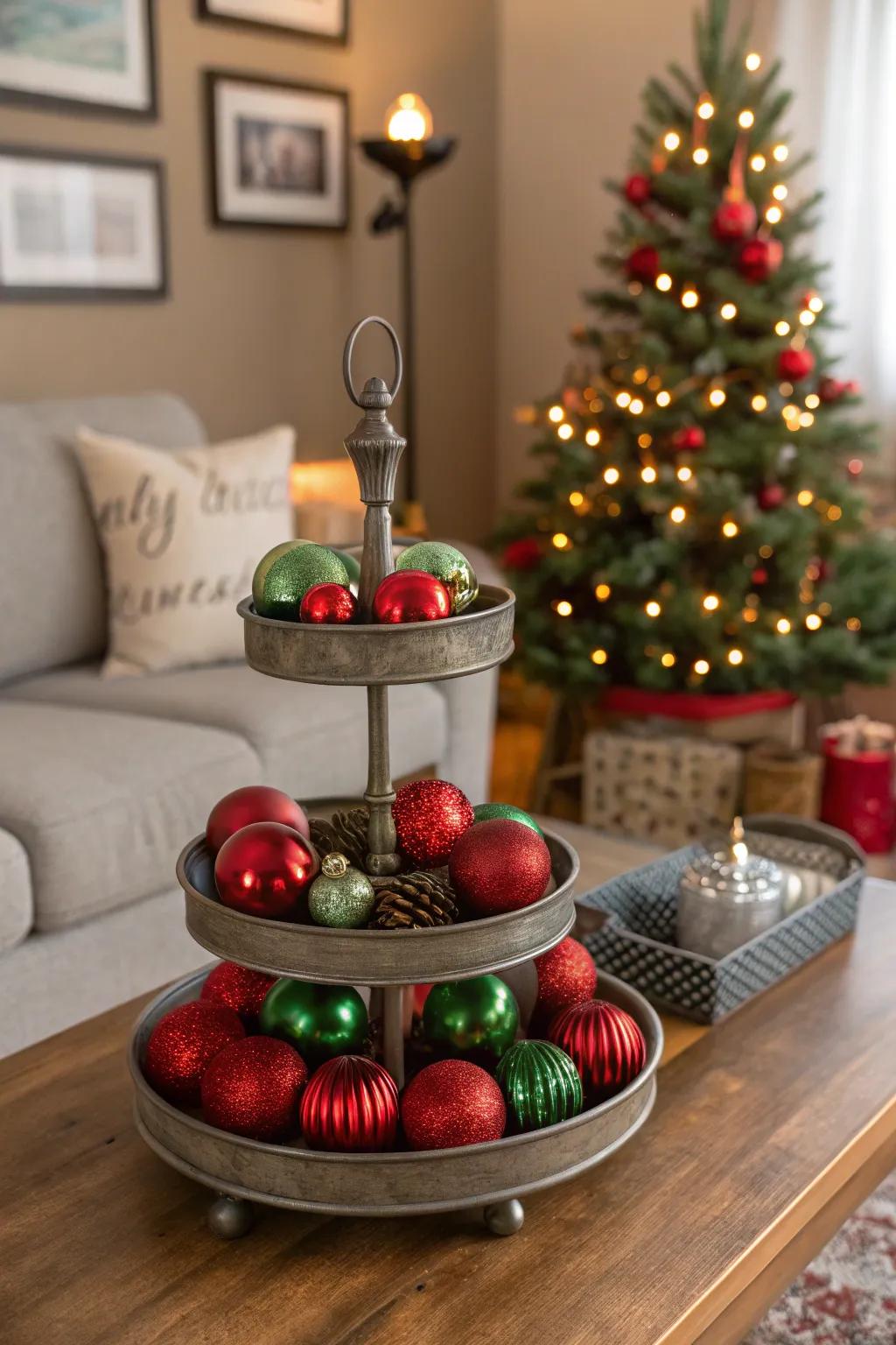 Classic crimson and verdant combine to make a joyful multi-level display.