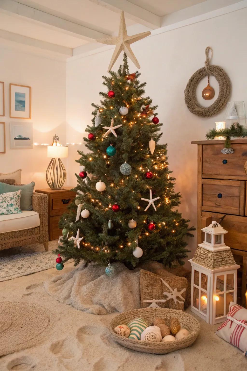A rejuvenating Christmas tree showcasing seaside-themed decorative items and string lights, evoking a seaside holiday sensation.