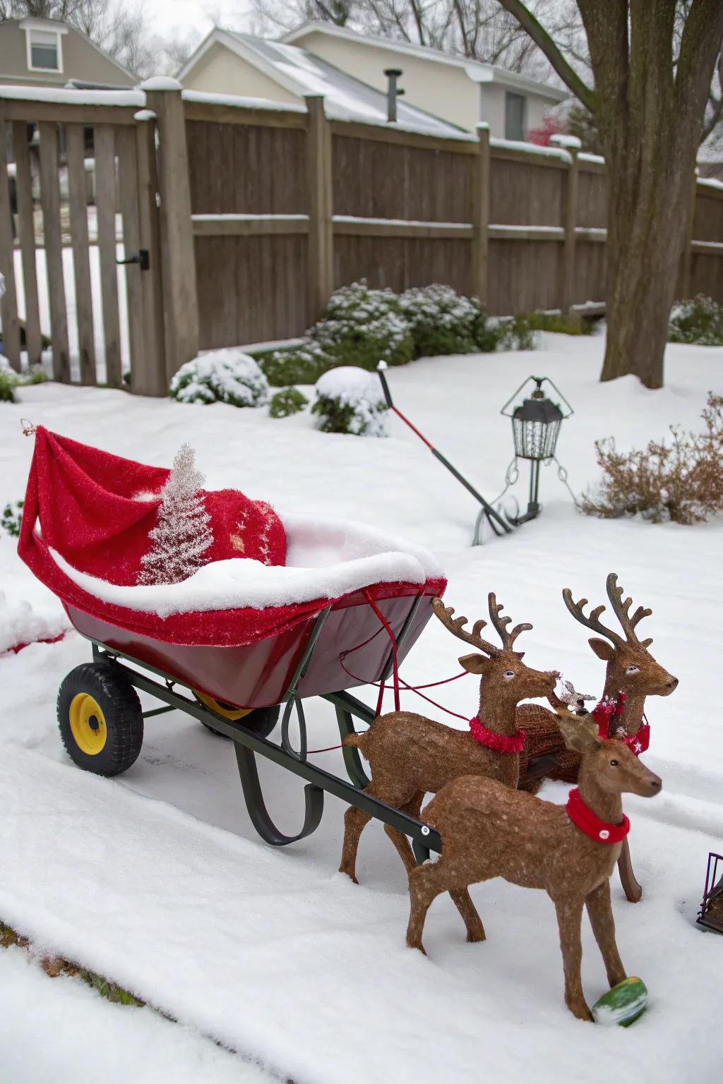 A playful take on Santa's sleigh using a builder's cart.