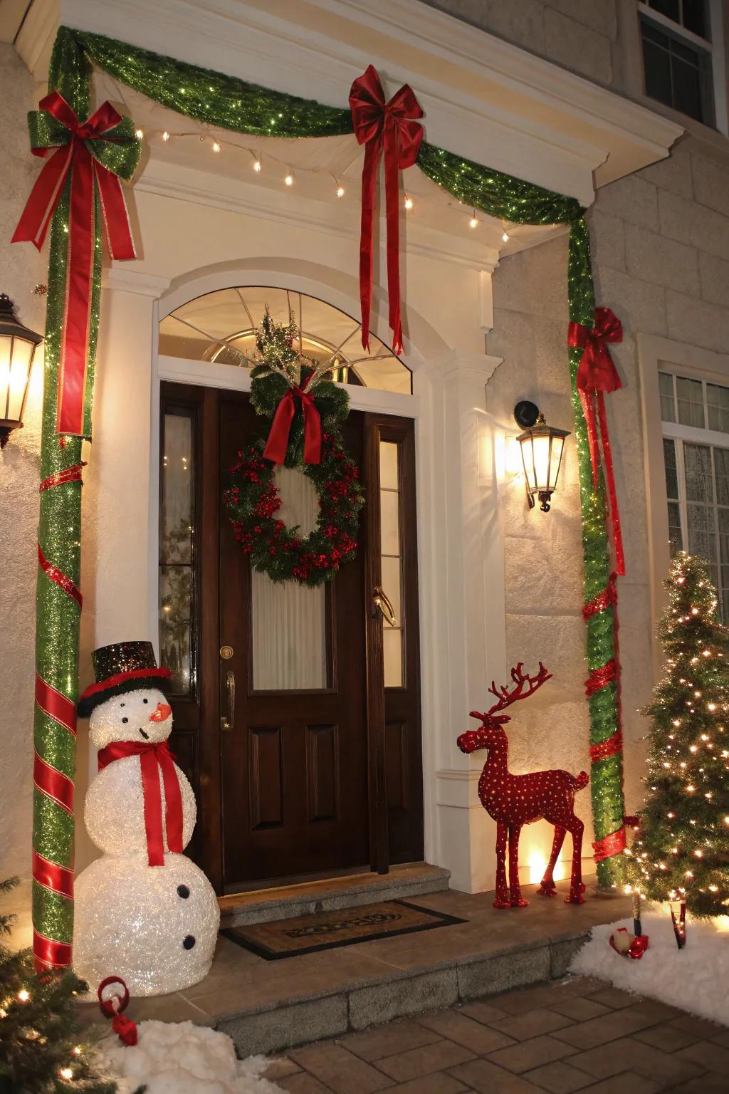 A doorway beautifully accented with Christmas decorations.