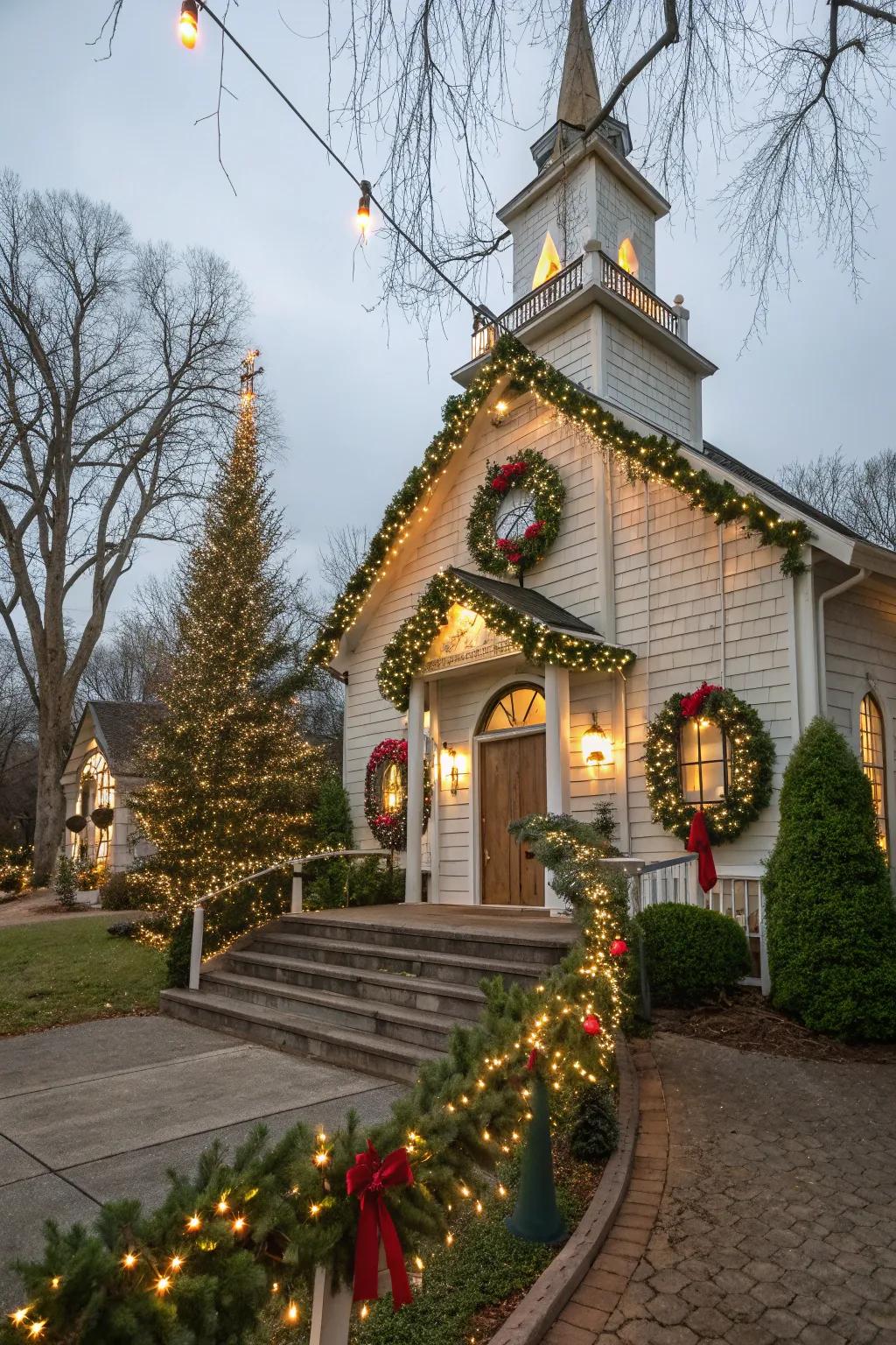 Church embellished with holiday rings and strands.