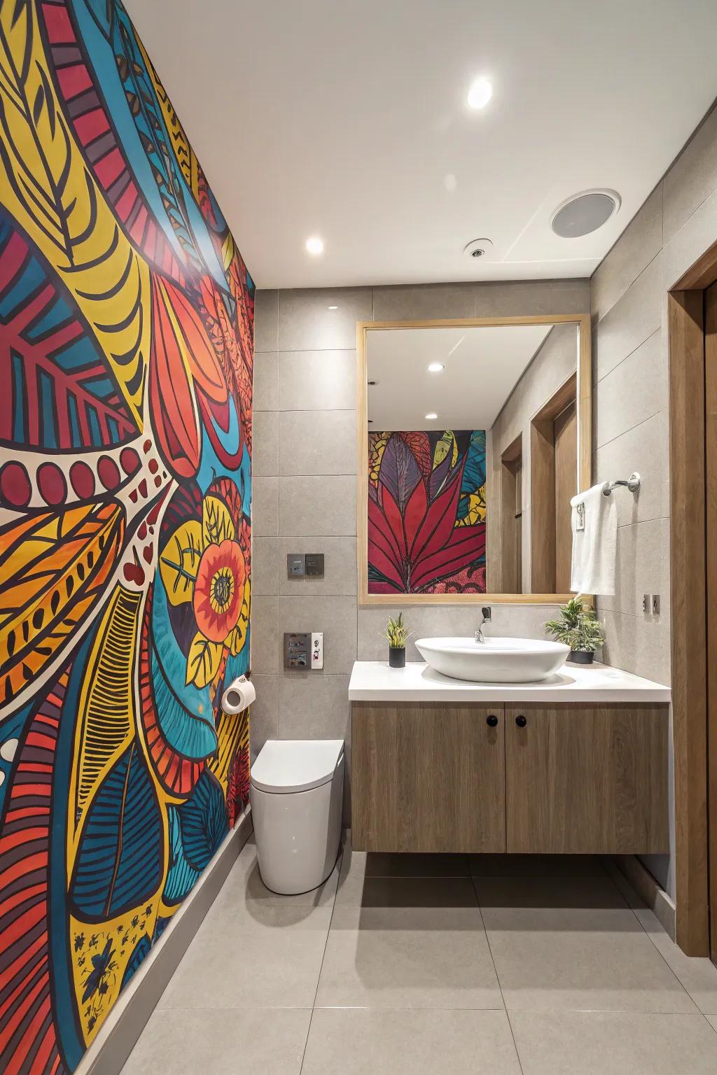 A bathroom improved by bold conceptual art that produces a striking visual effect.