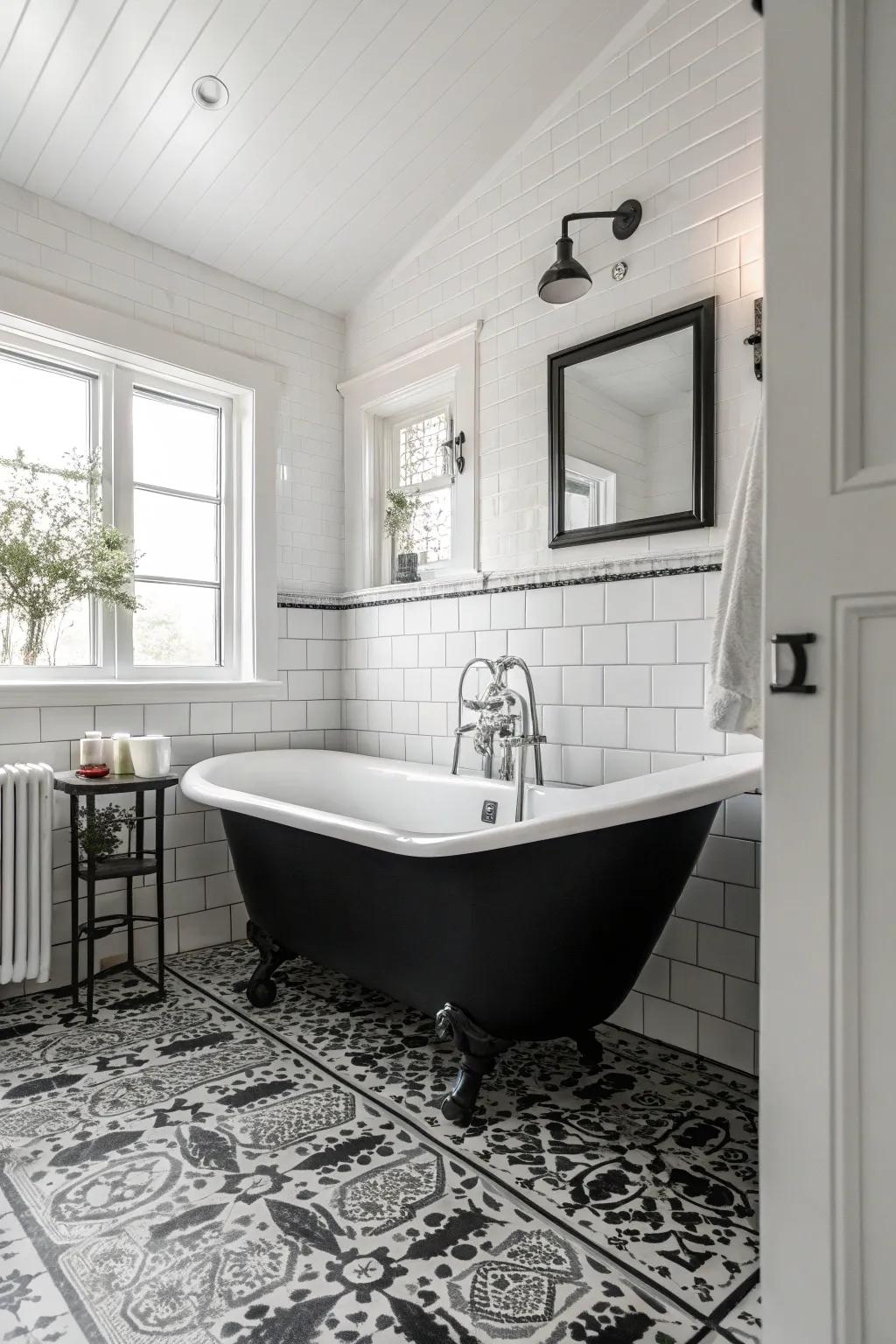 An elegant uniform bathroom where contrast creates interest.