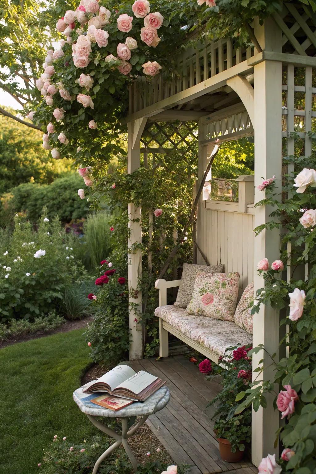 Find serenity in a rose-filled garden corner.