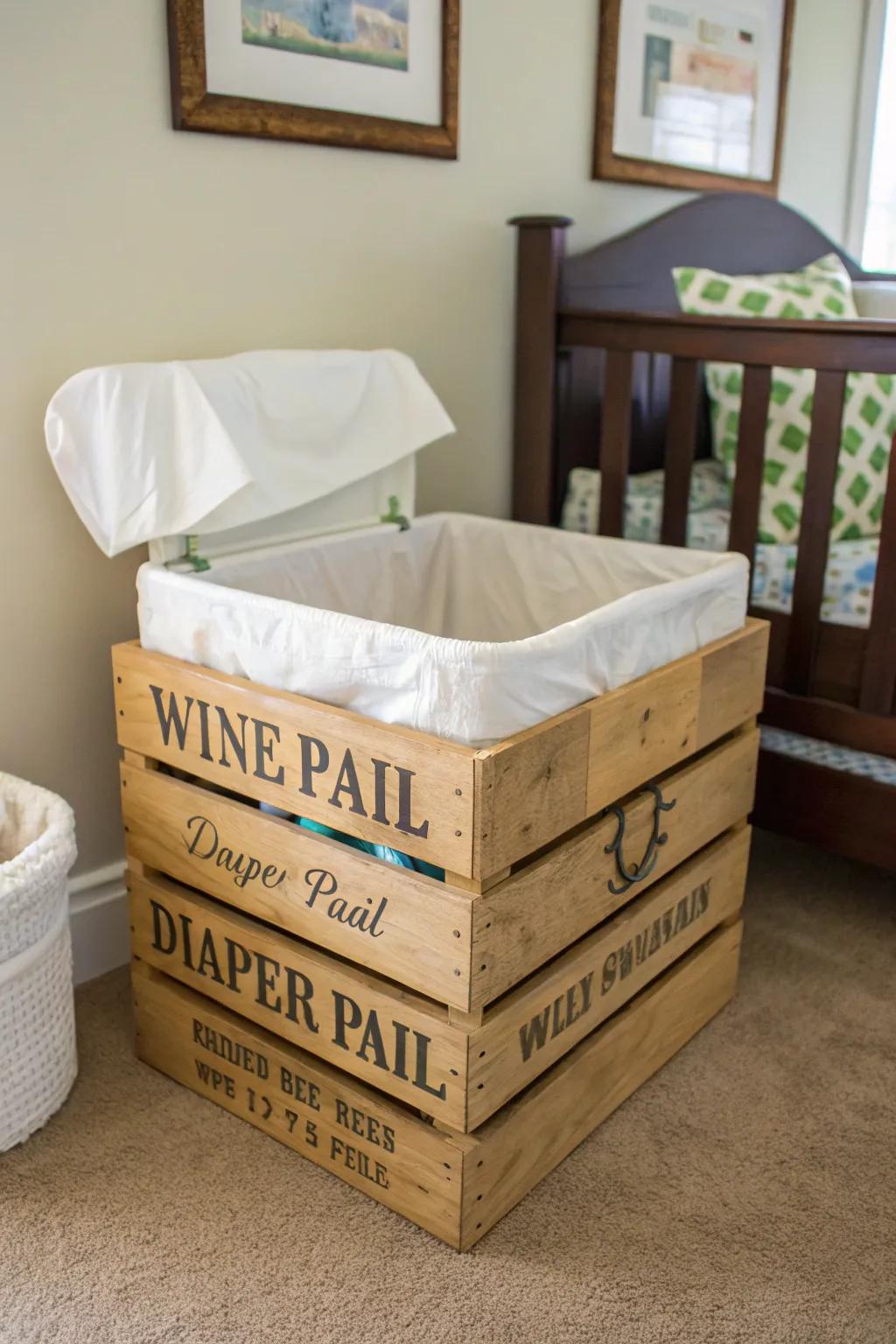 A reassigned wine crate imparts rustic charm and practicality as a distinctive nappy container.
