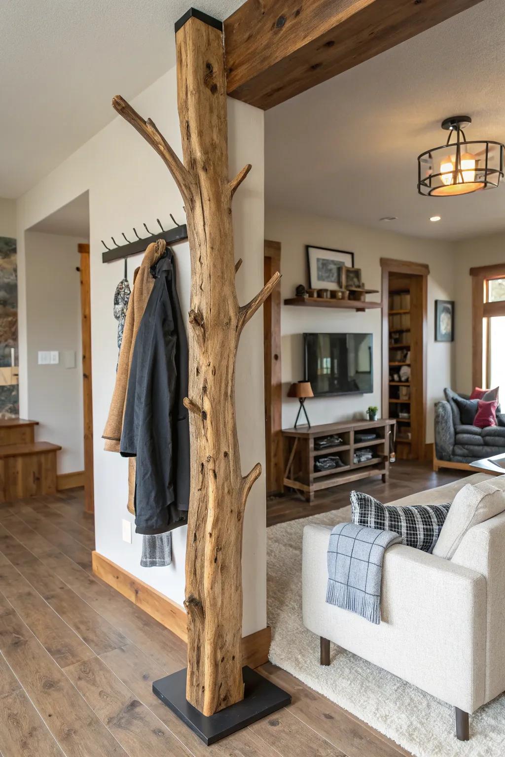 An unaltered edge timber coat rack, showcasing the natural splendor of raw materials.