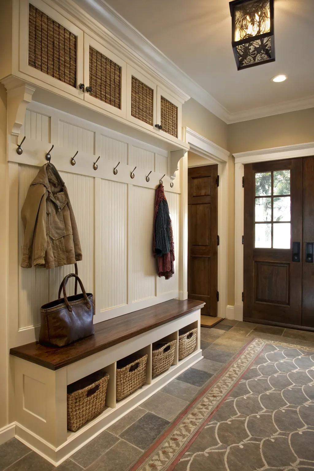 Wainscoting combined with fasteners for timeless beauty.