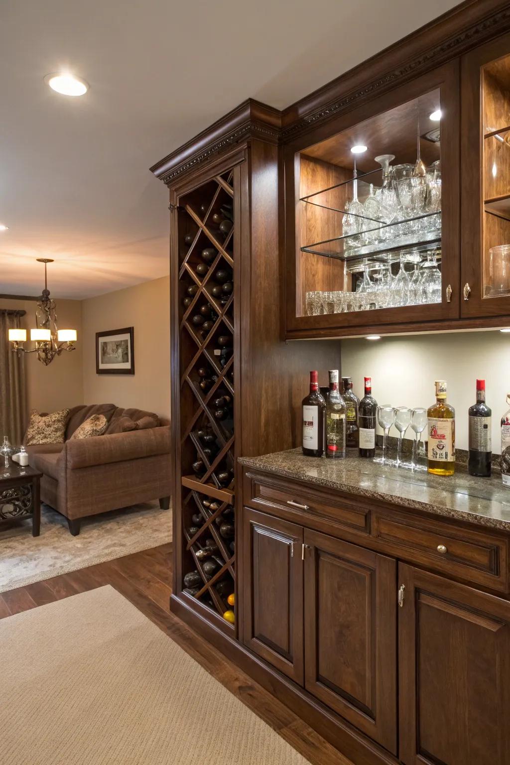 A wine rack introduces sophistication and practicality.