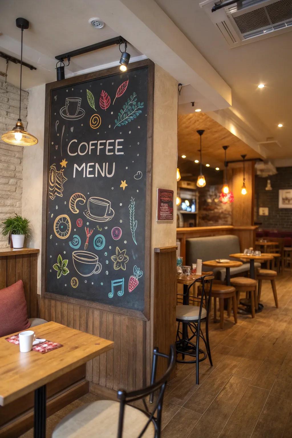 A chalkboard adds a playful and functional element.