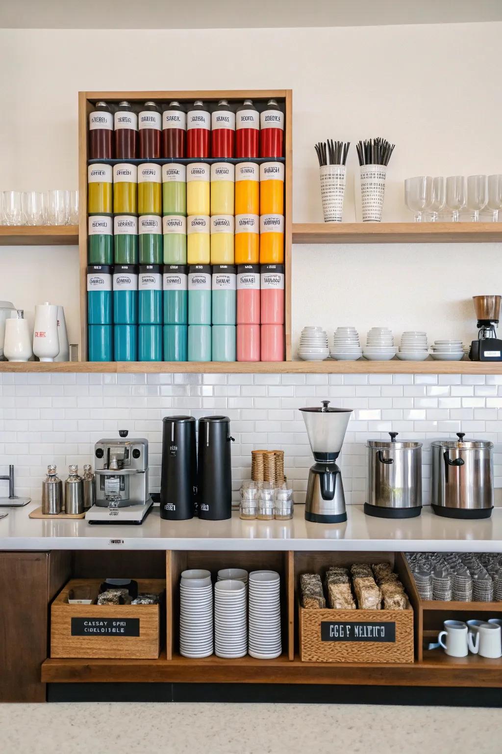 An organized coffee bar with various coffee items.