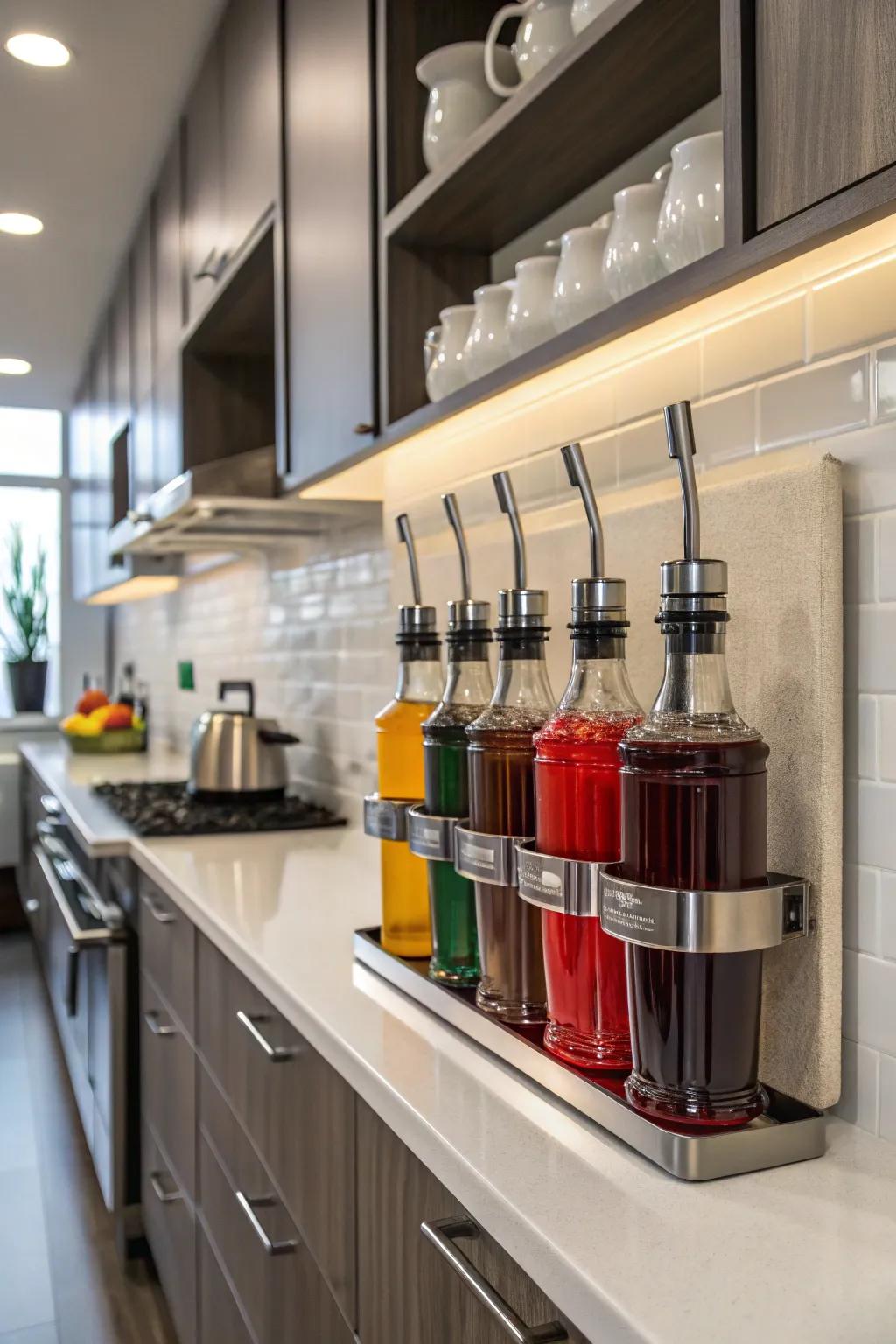 Wall-mounted holders save area and reduce clutter.