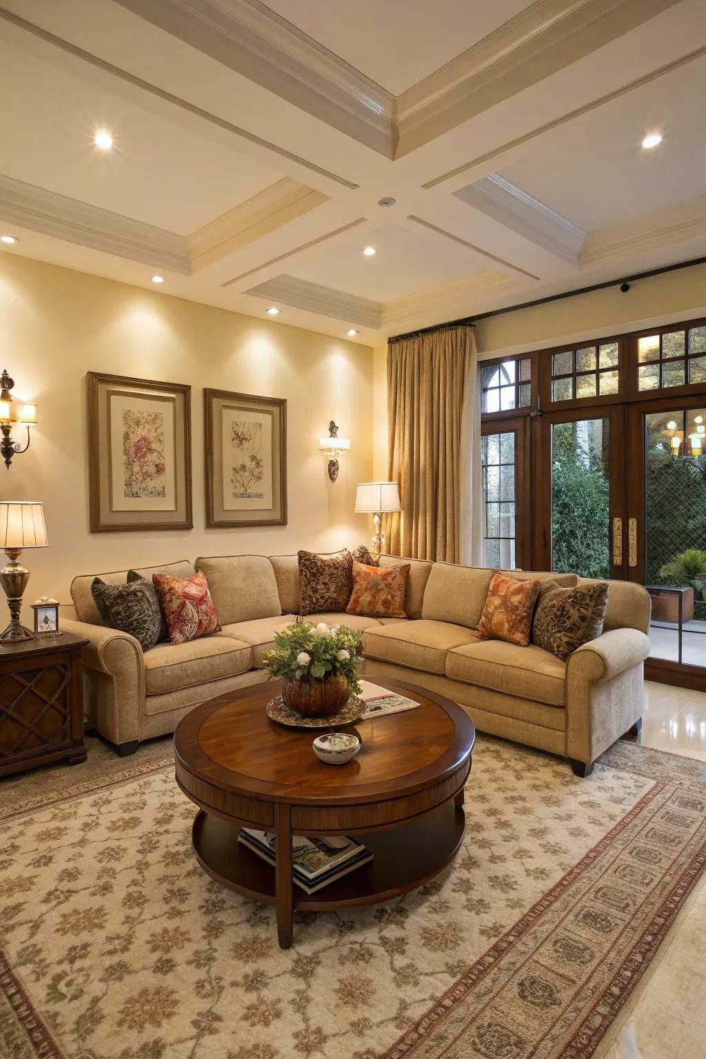 A sectional arrangement benefits from the elegance and utility of an oval center table.