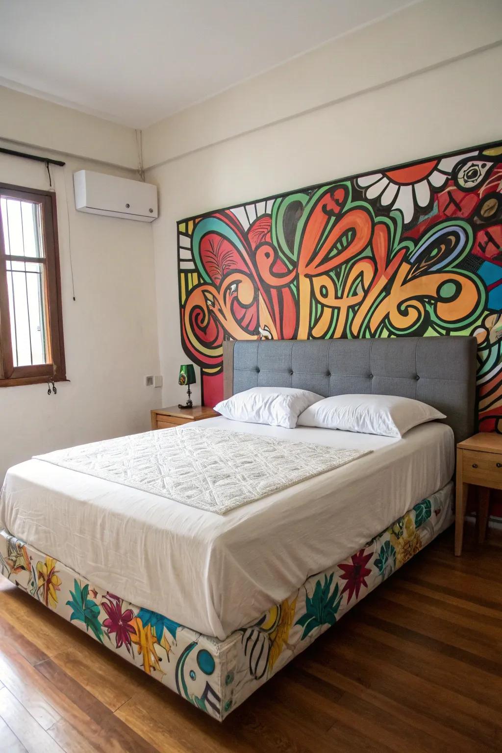 A bedroom personalized with a colorful graffiti bed frame.