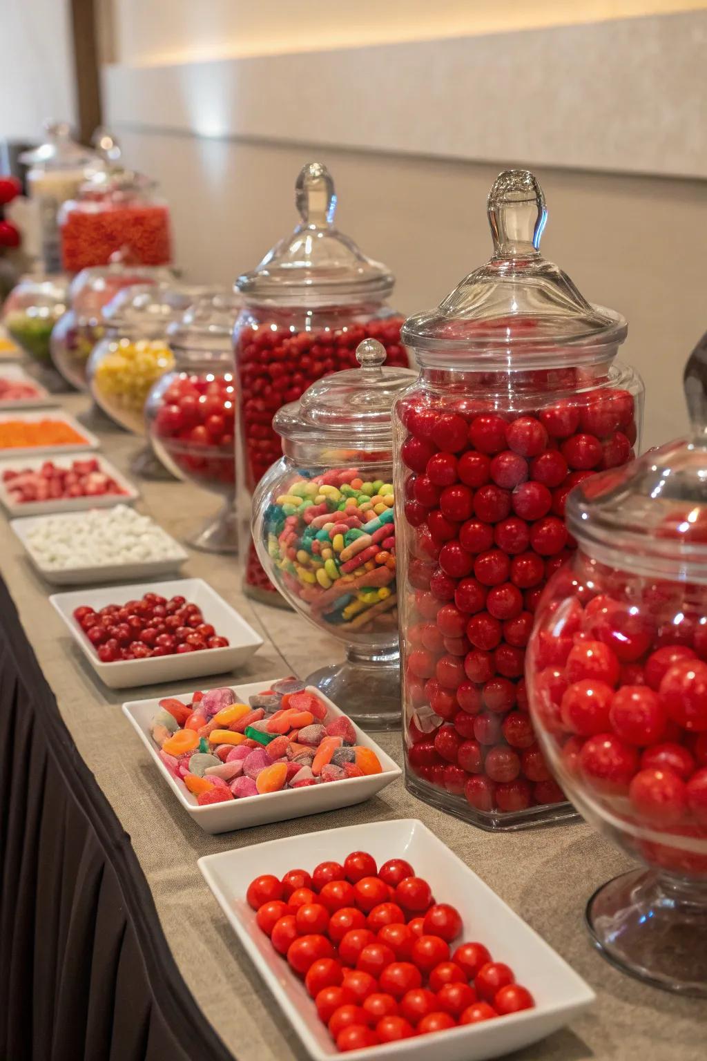 A scarlet sweet treats station presenting a sweet treat for attendees.