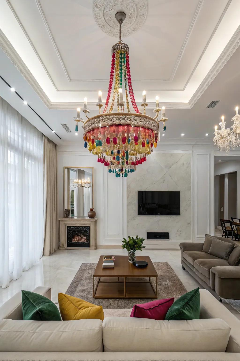 A colorful chandelier adds drama and emphasis to this minimalist living area.