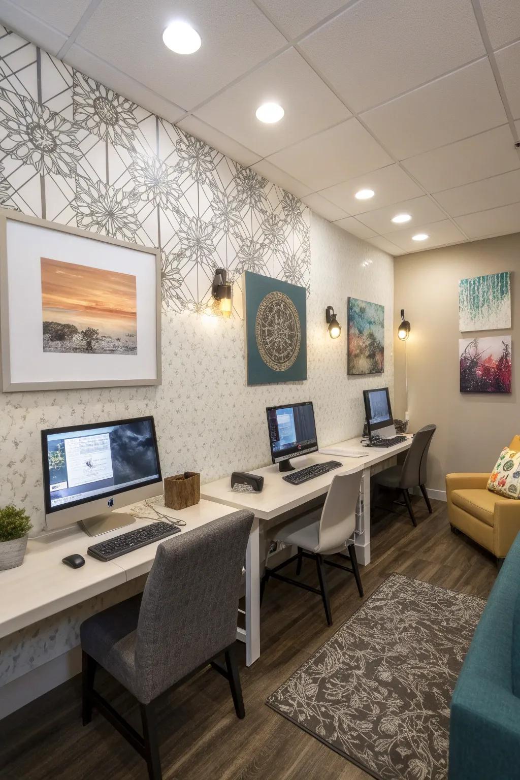 A computer area exhibiting inspiring wall art that encourages creativity.