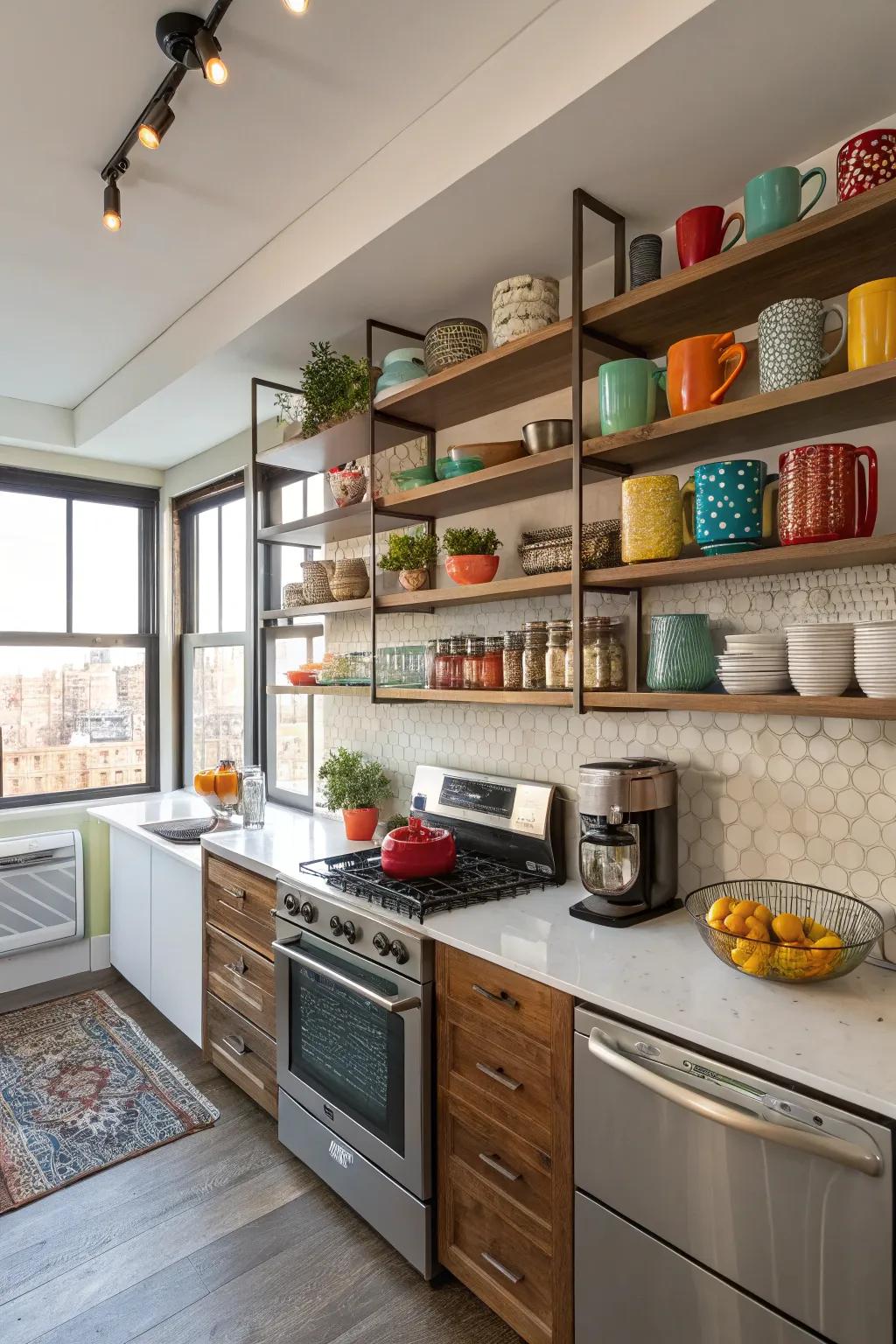 Exposed shelving introduces elegance and availability to your cooking area.