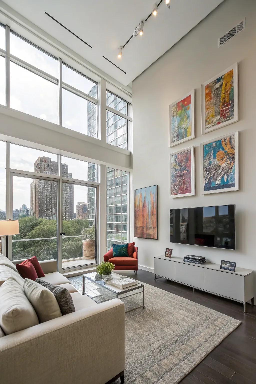 Art pieces adding a personal feel to a condo living space.