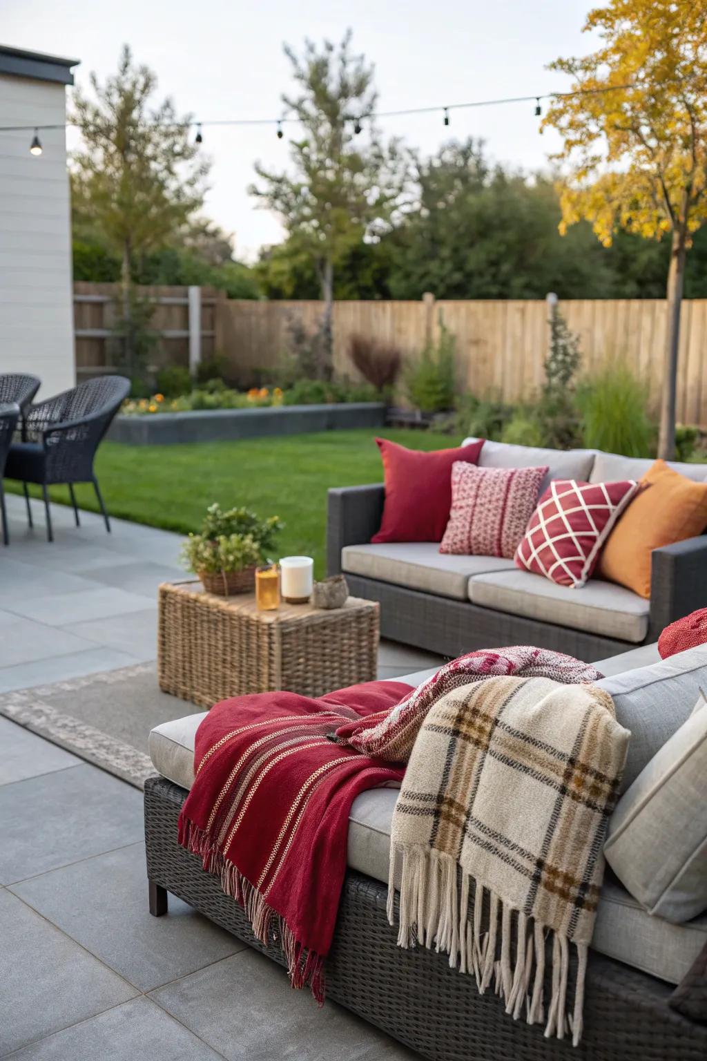 Soft textures featuring cushions and throws for a welcoming patio.
