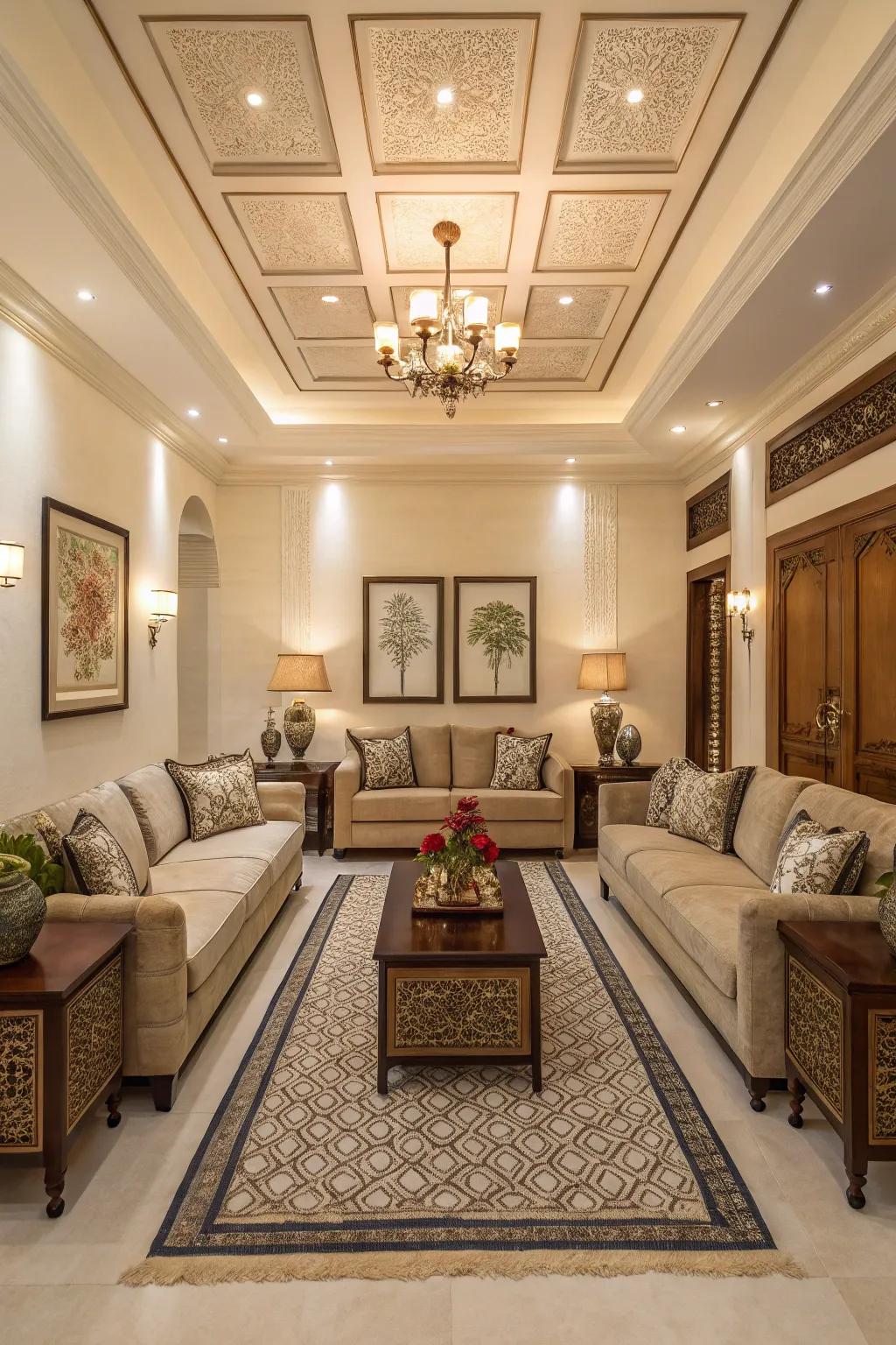 Harmony and balance are brought to this living area via symmetrical furniture arrangement.