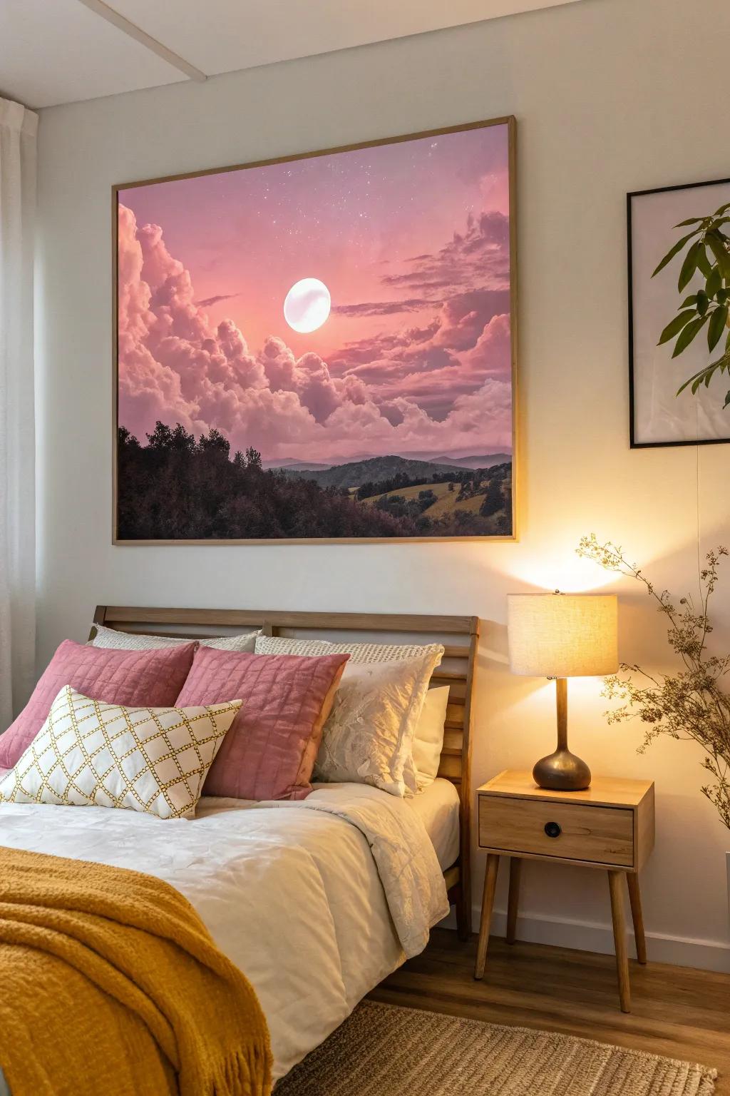 An imaginative roseate sky with a satellite cultivates a dreamy environment.