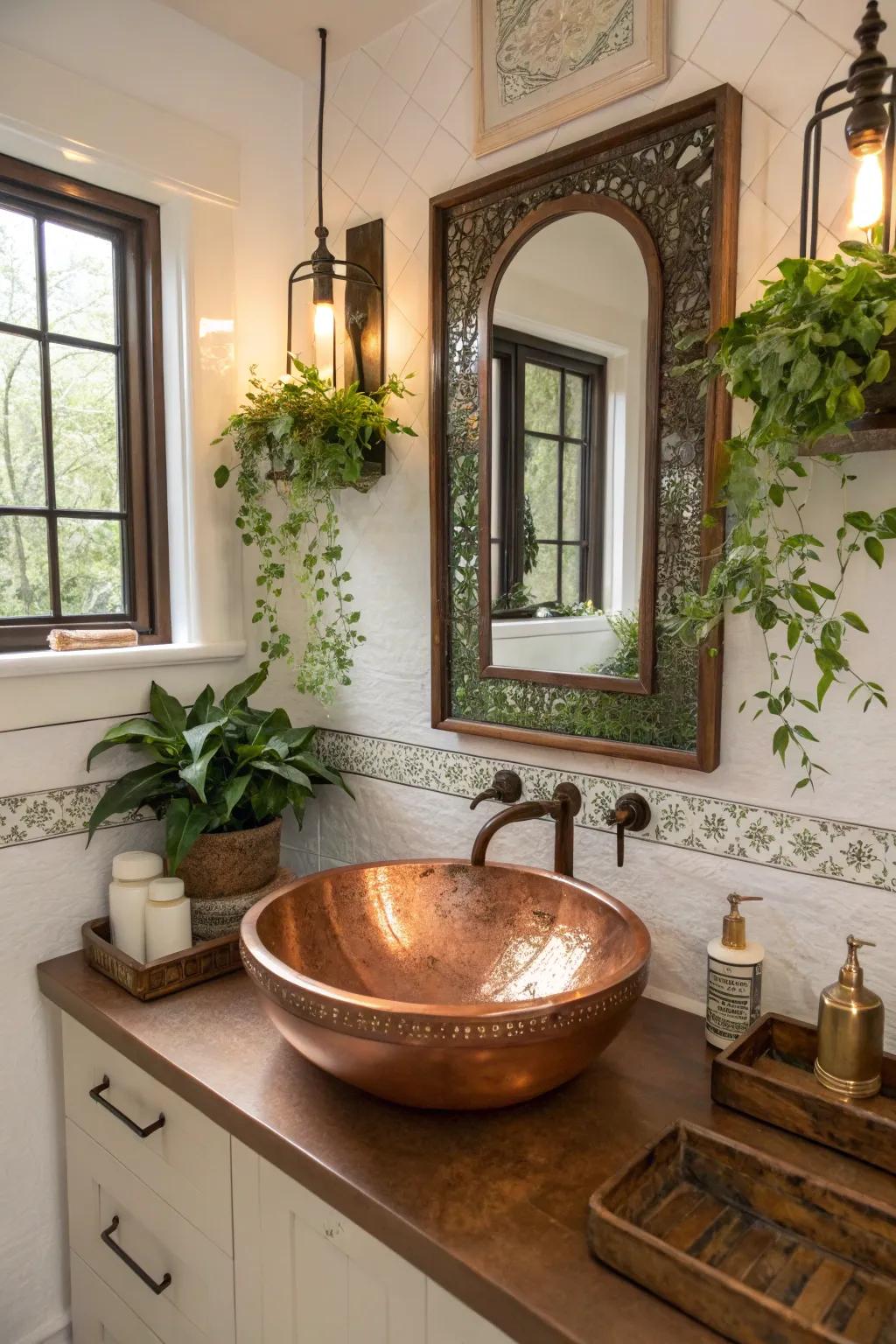 Decorative items add a playful touch to this bathroom, complementing the copper sink beautifully.