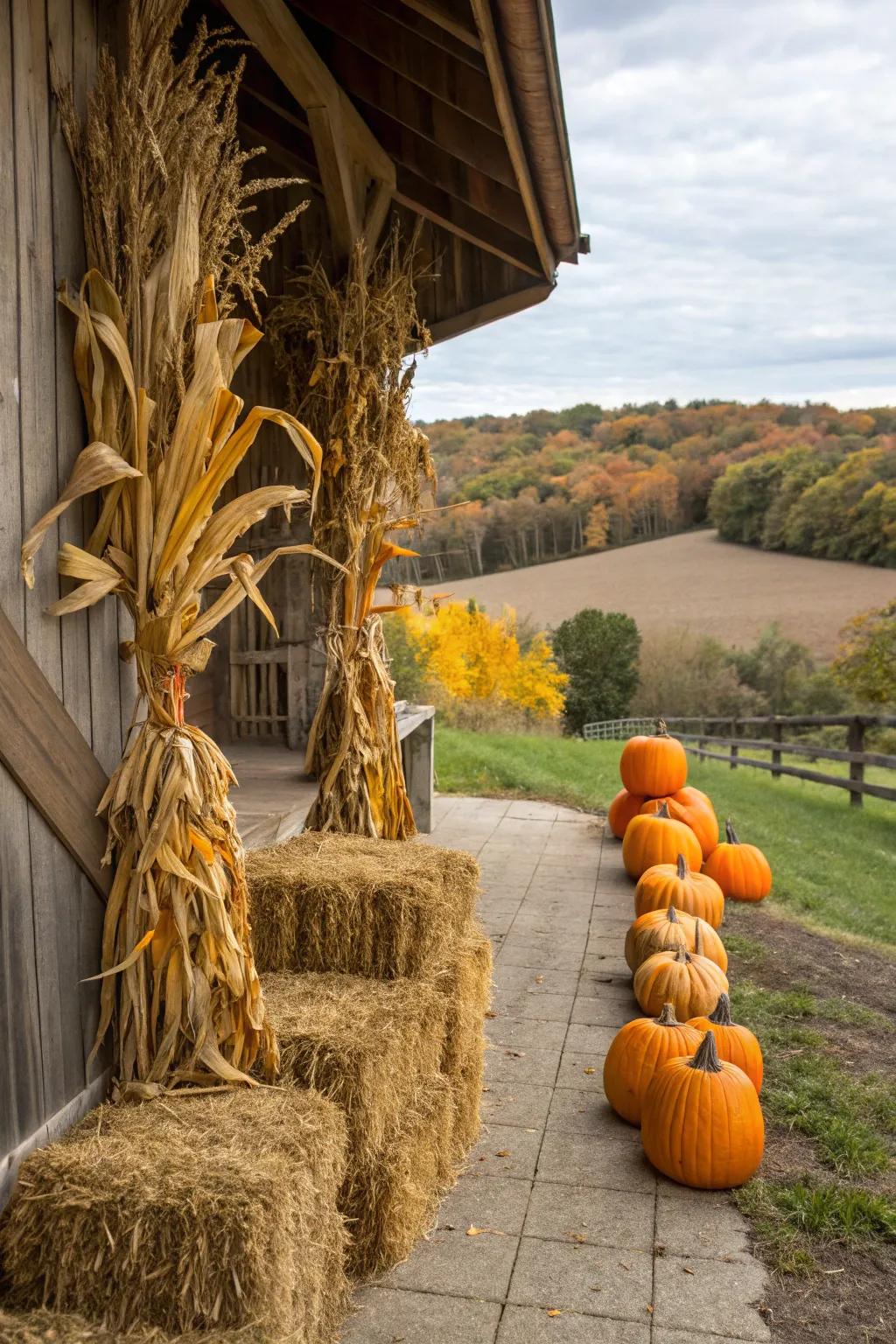 Transform a storage or shack into a fall masterpiece with corn stalks.