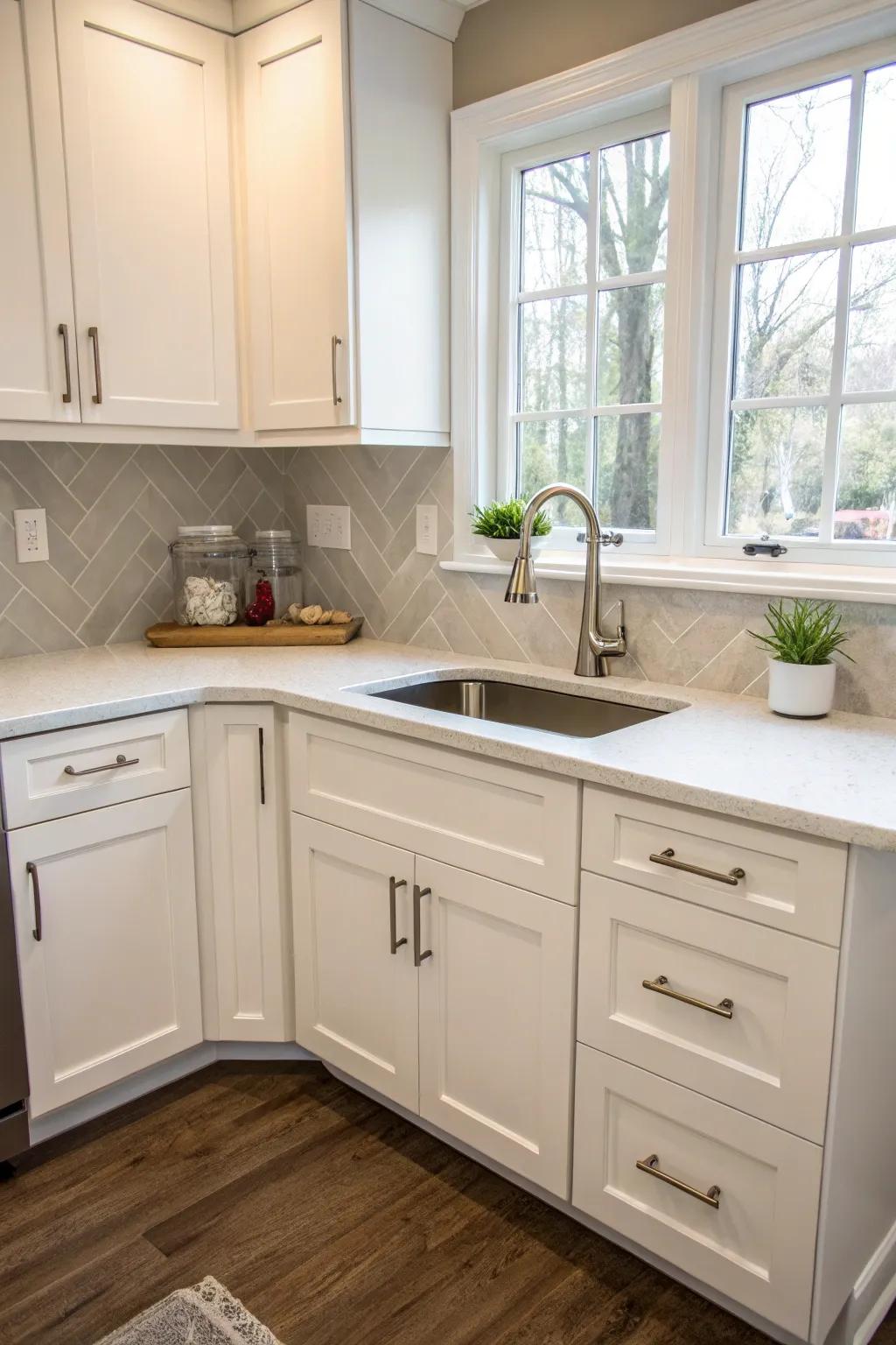 Elegant cabinetry is crucial for maximizing space and style in a corner sink layout.