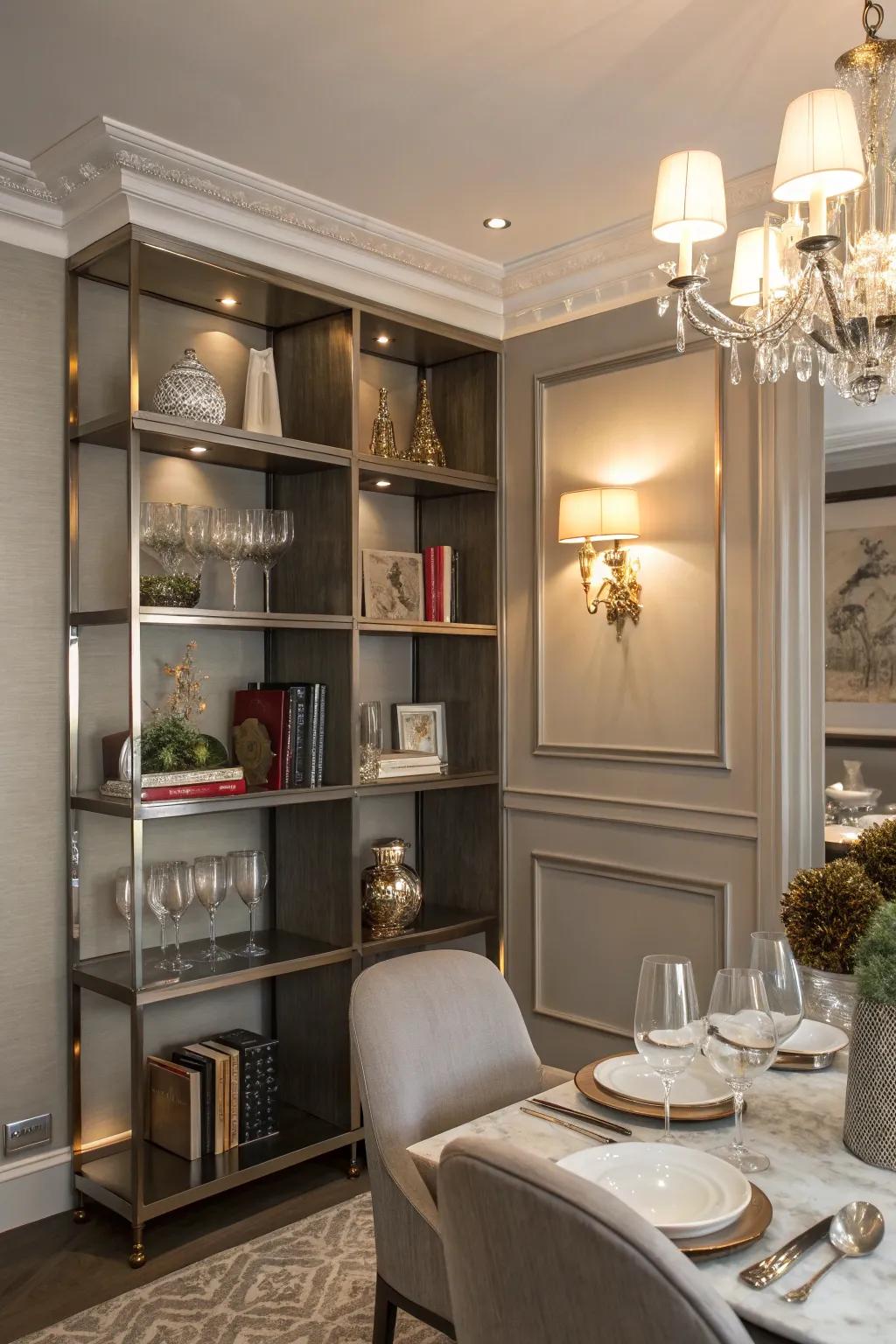 Metallic shelving add a glamorous touch to your dining area.