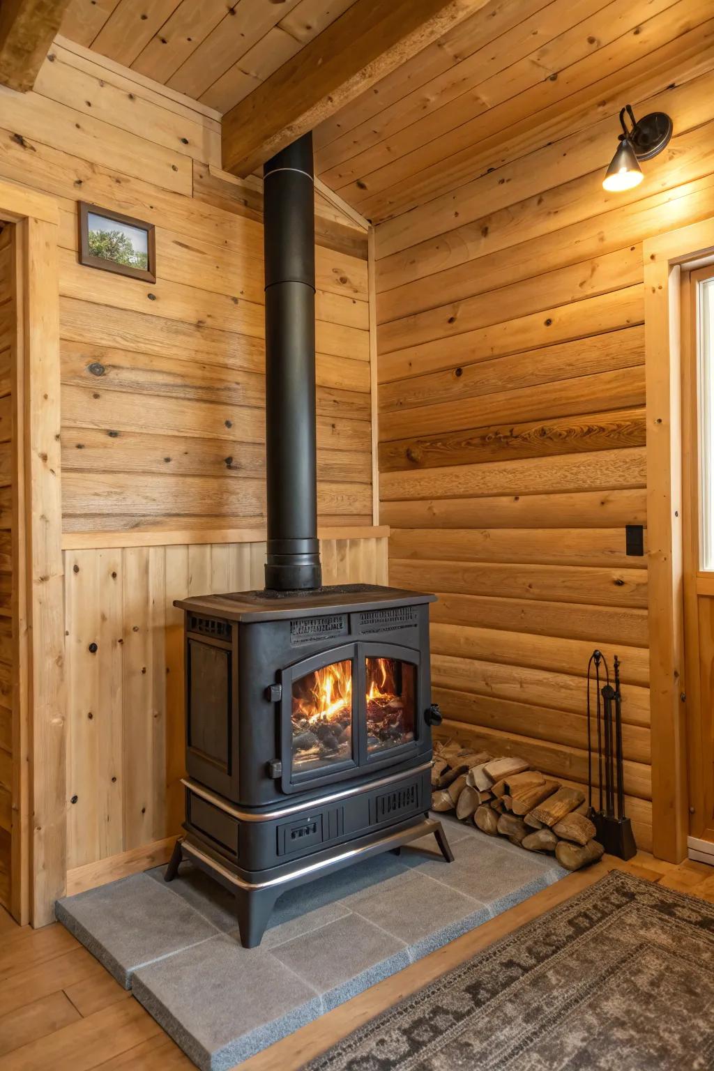Genuine wood paneling offers a warm, cabin-like atmosphere.