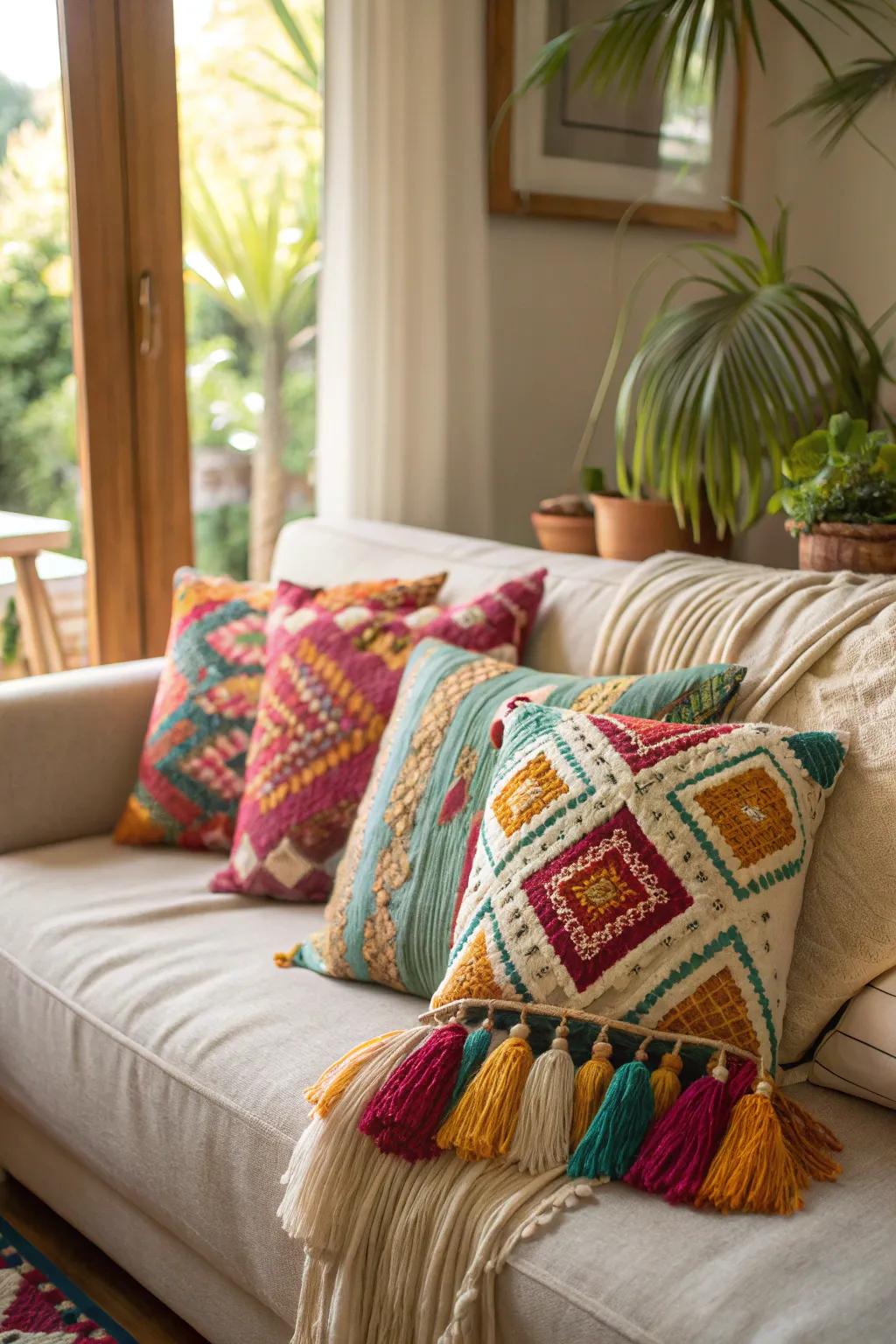Bohemian pillows deliver a serene, eclectic charm.