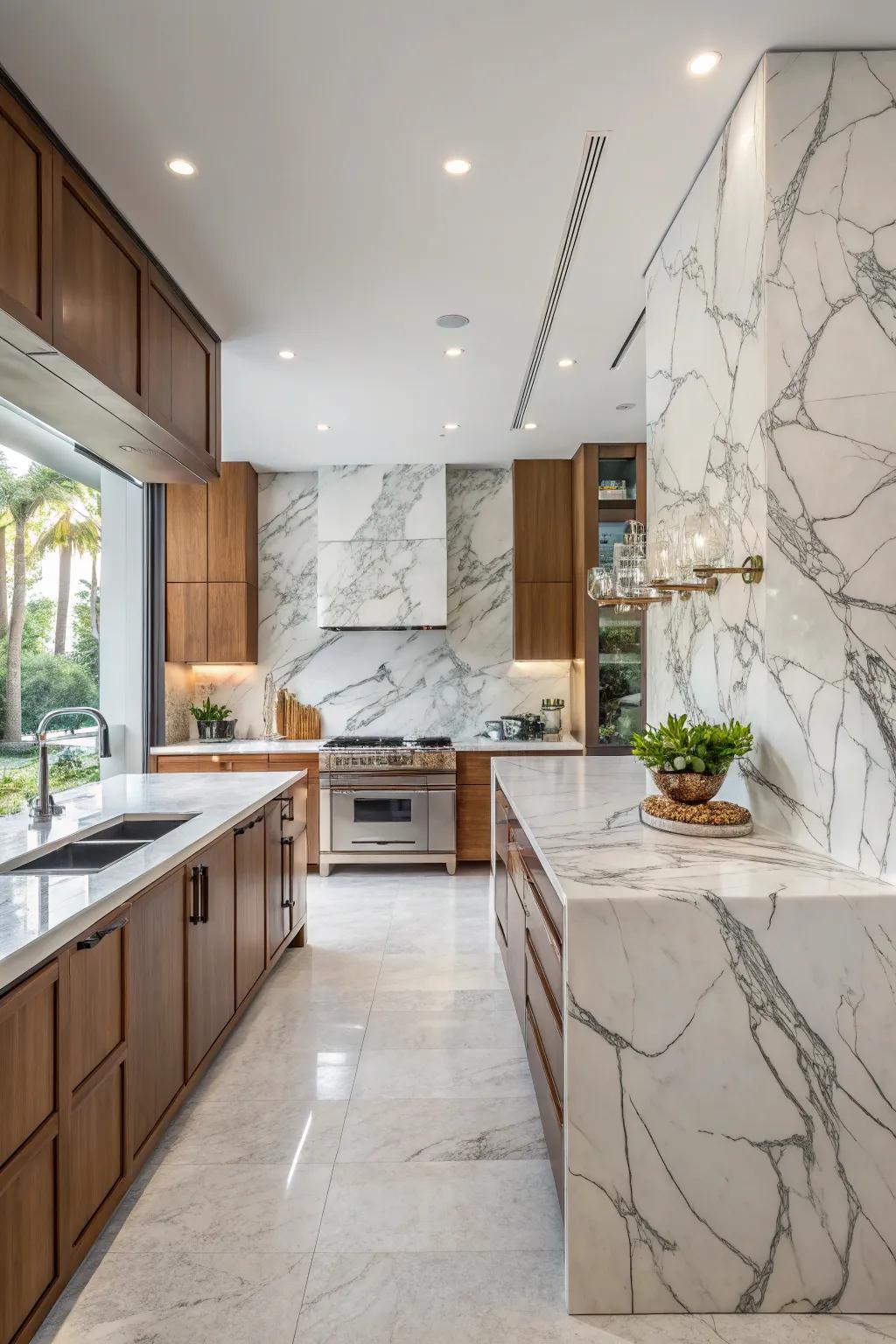 Marble backsplashes provide luxurious elegance and one-of-a-kind patterns.