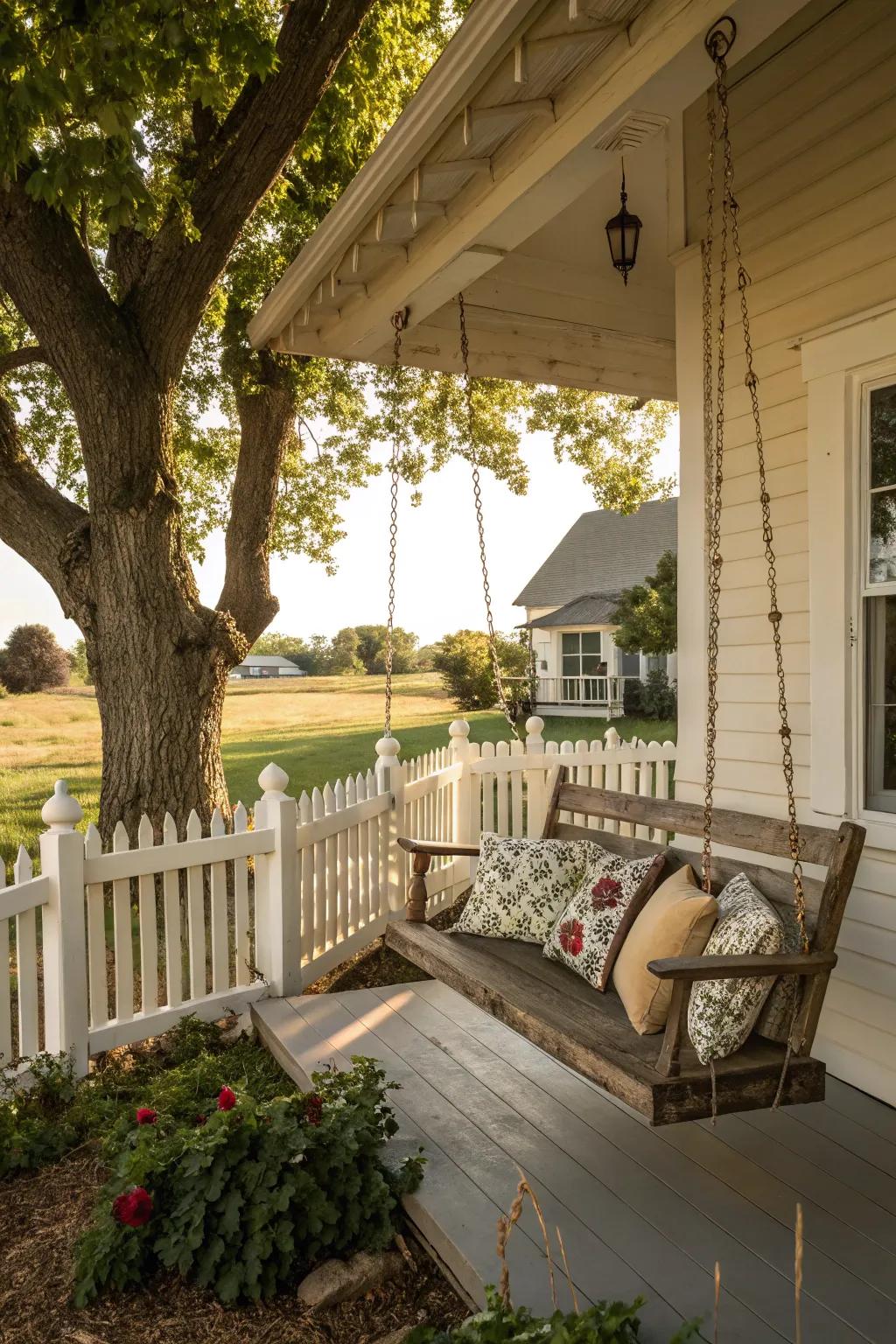 A cozy swinging bench invites leisure and relaxation.