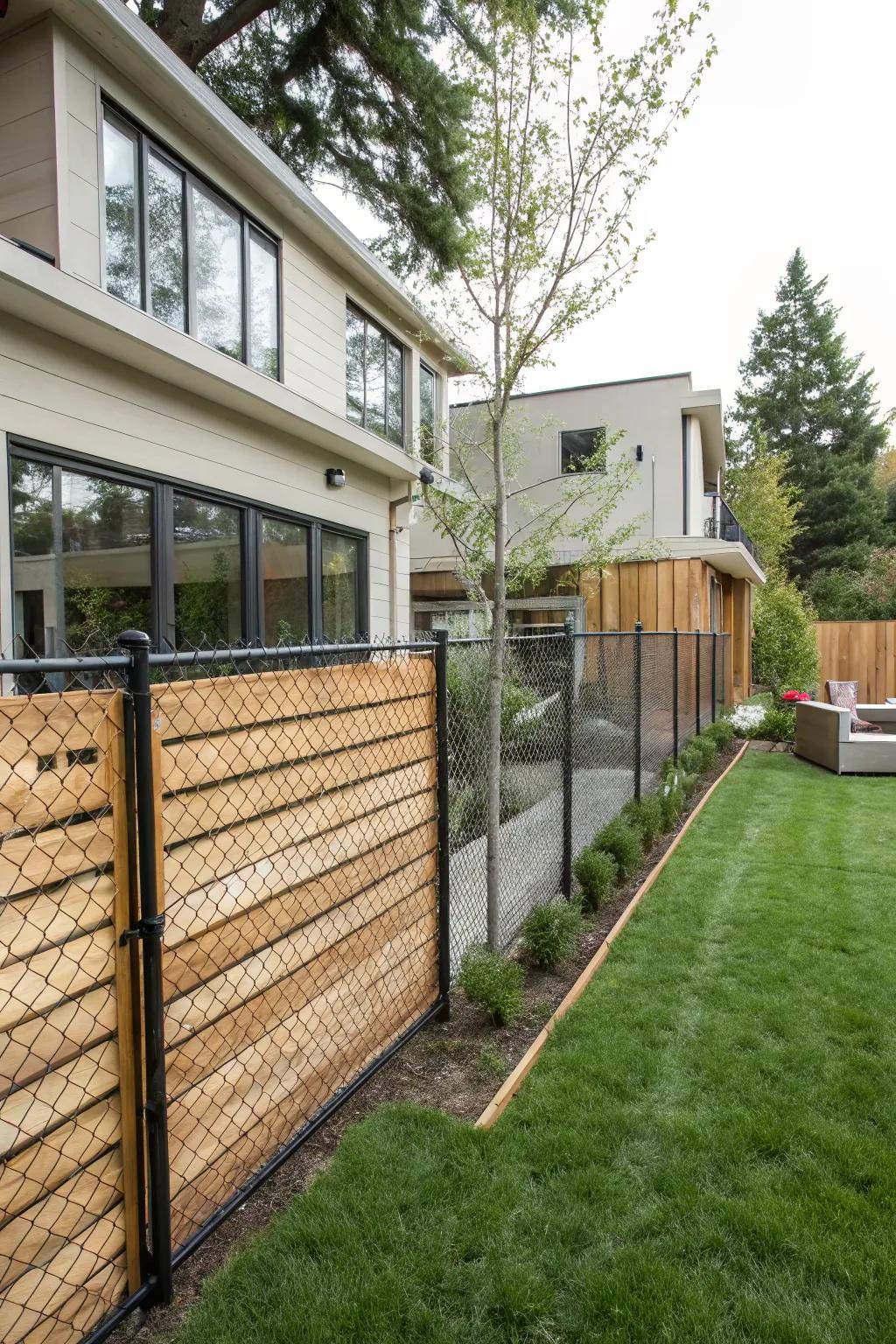 Even timber and webbing linkage for a sleek, sophisticated fence design.