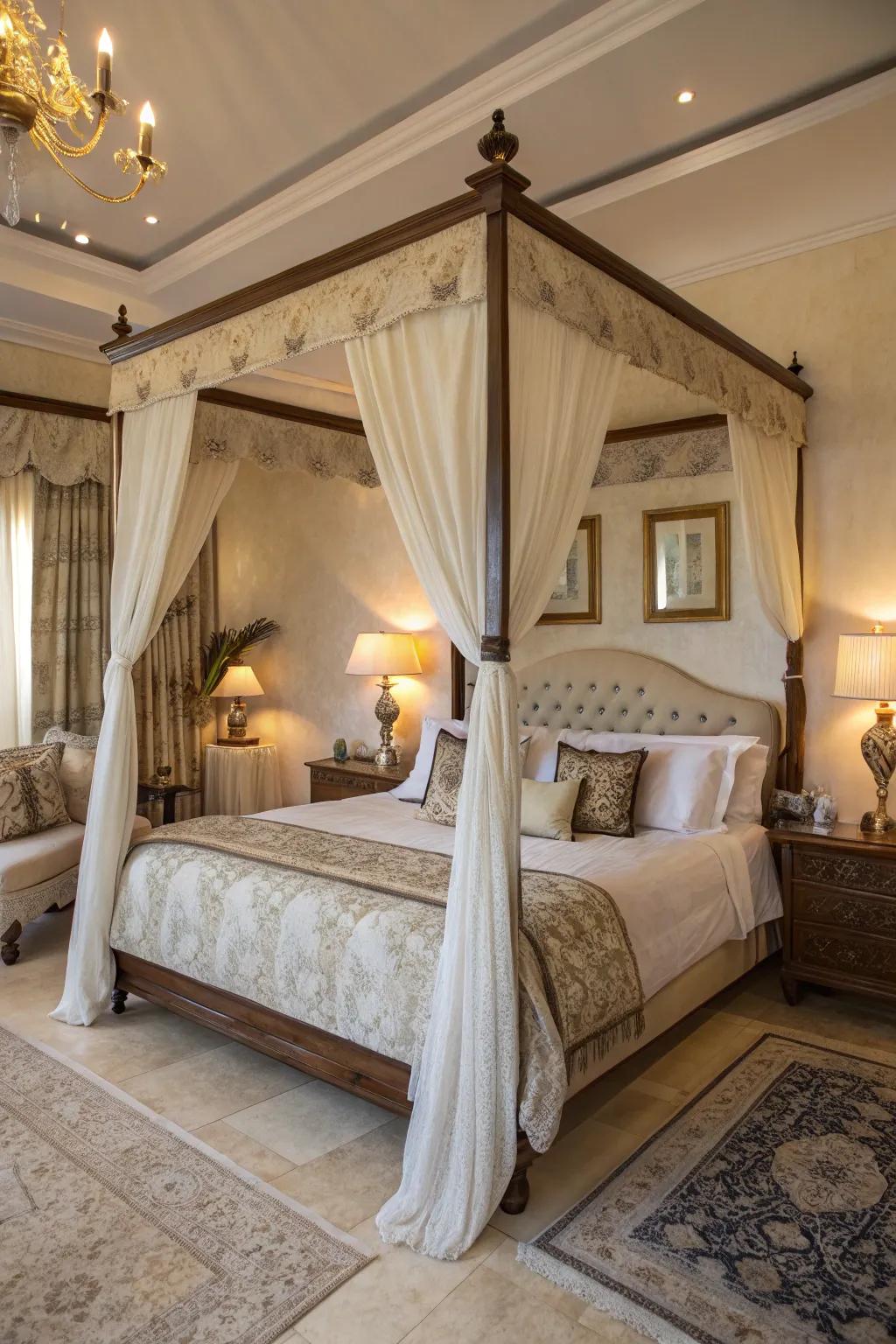 A four-poster bed injects romance and extravagance