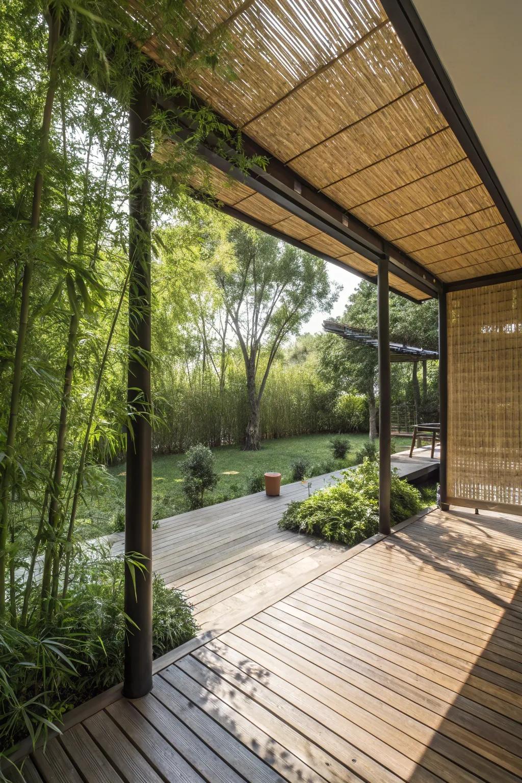 Bamboo screens add privacy and an exotic touch to your deck, crafting a peaceful retreat.