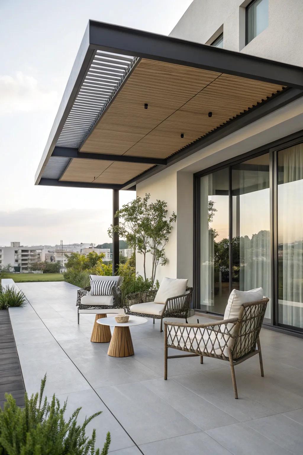 A contemporary protective roof offers polished shielding.