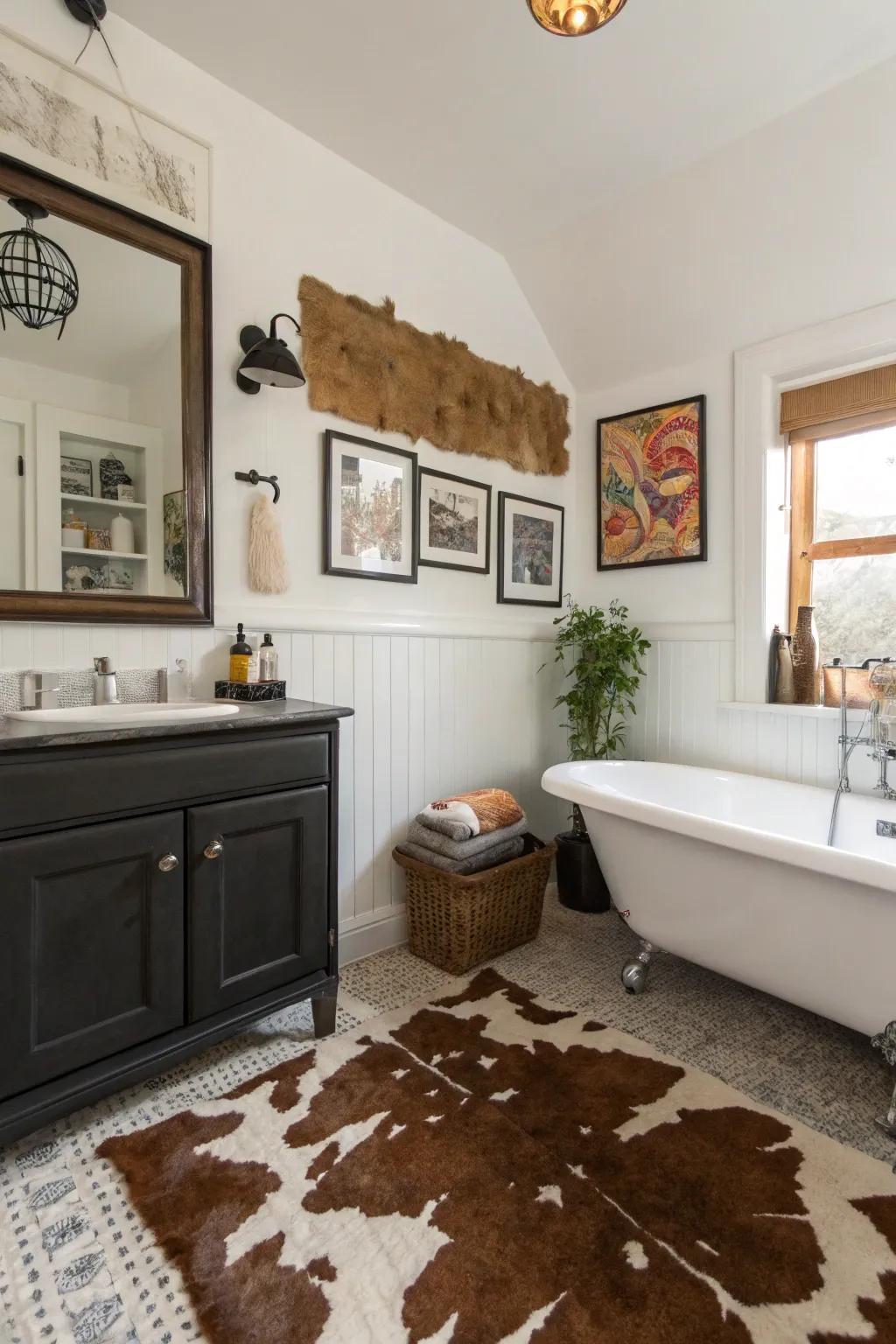 An eclectic bathroom featuring animal hide wall decor.
