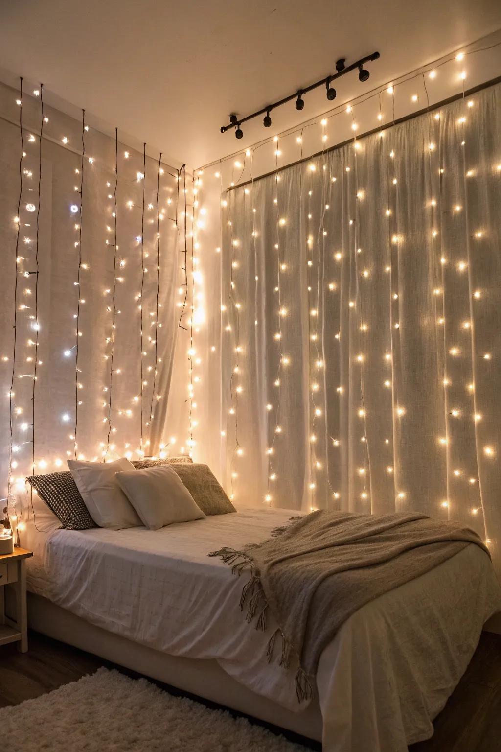 A wall lined with a curtain of twinkle lights.