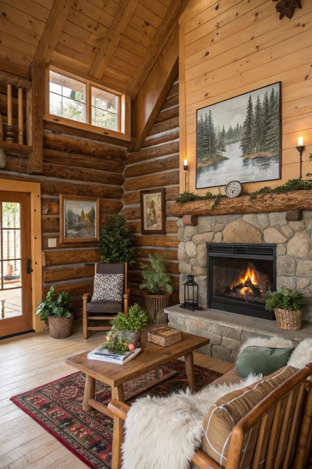 Country décor pieces add character and charm to the log cabin.